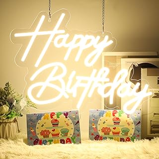 Happy Birthday Neon Sign for Wall Decor, USB Powered LED Neon Sign with Dimmable Brightness, Ideal for All Ages Birthday Parties and Celebrations, With 2 Pcs Birthday Cards (17×12 Inch)