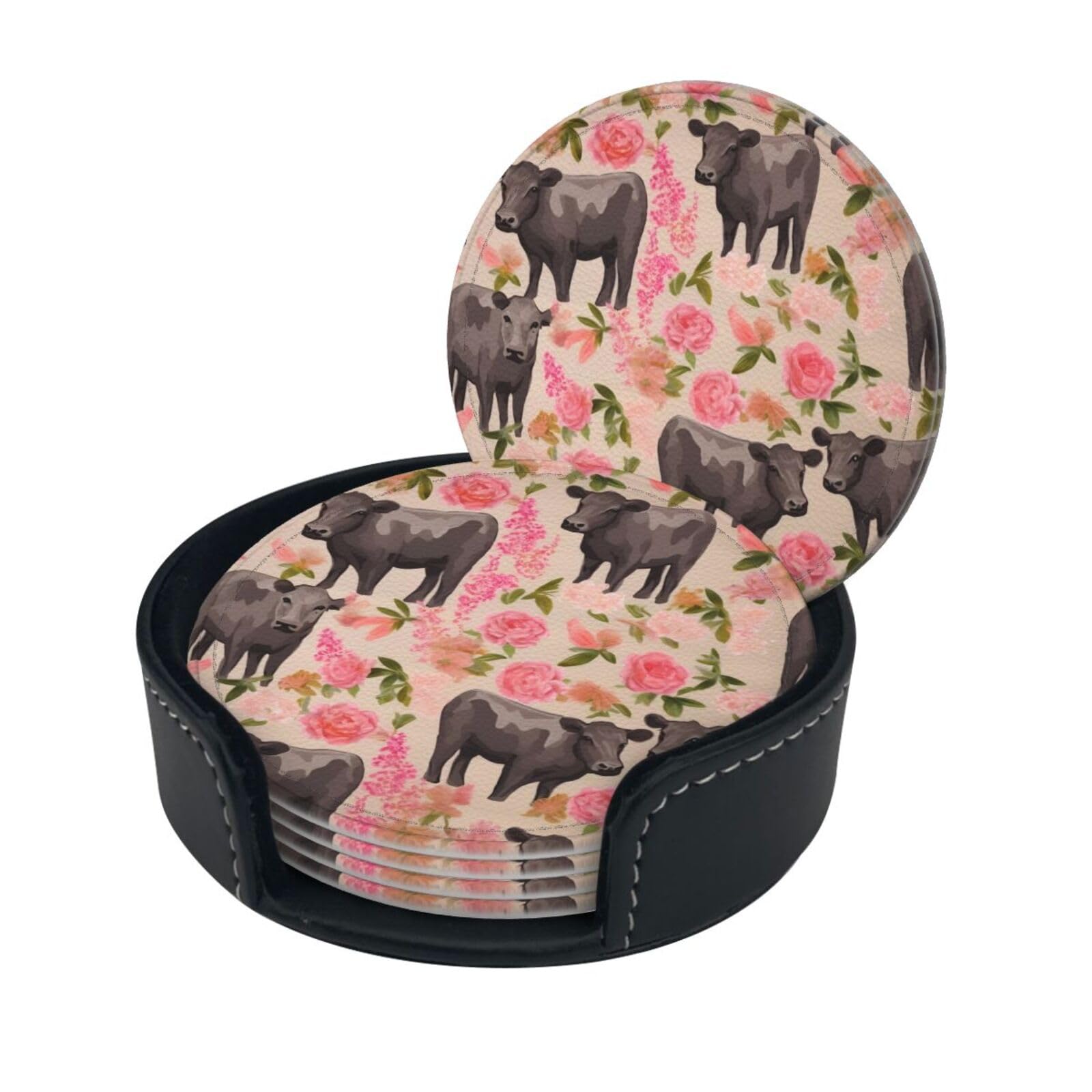 Stylish Coasters - Flower Show Steer Cows Cattle Set of 6 Round Leather Drink Coasters with Holder - Perfect Size for Cups and Glasses