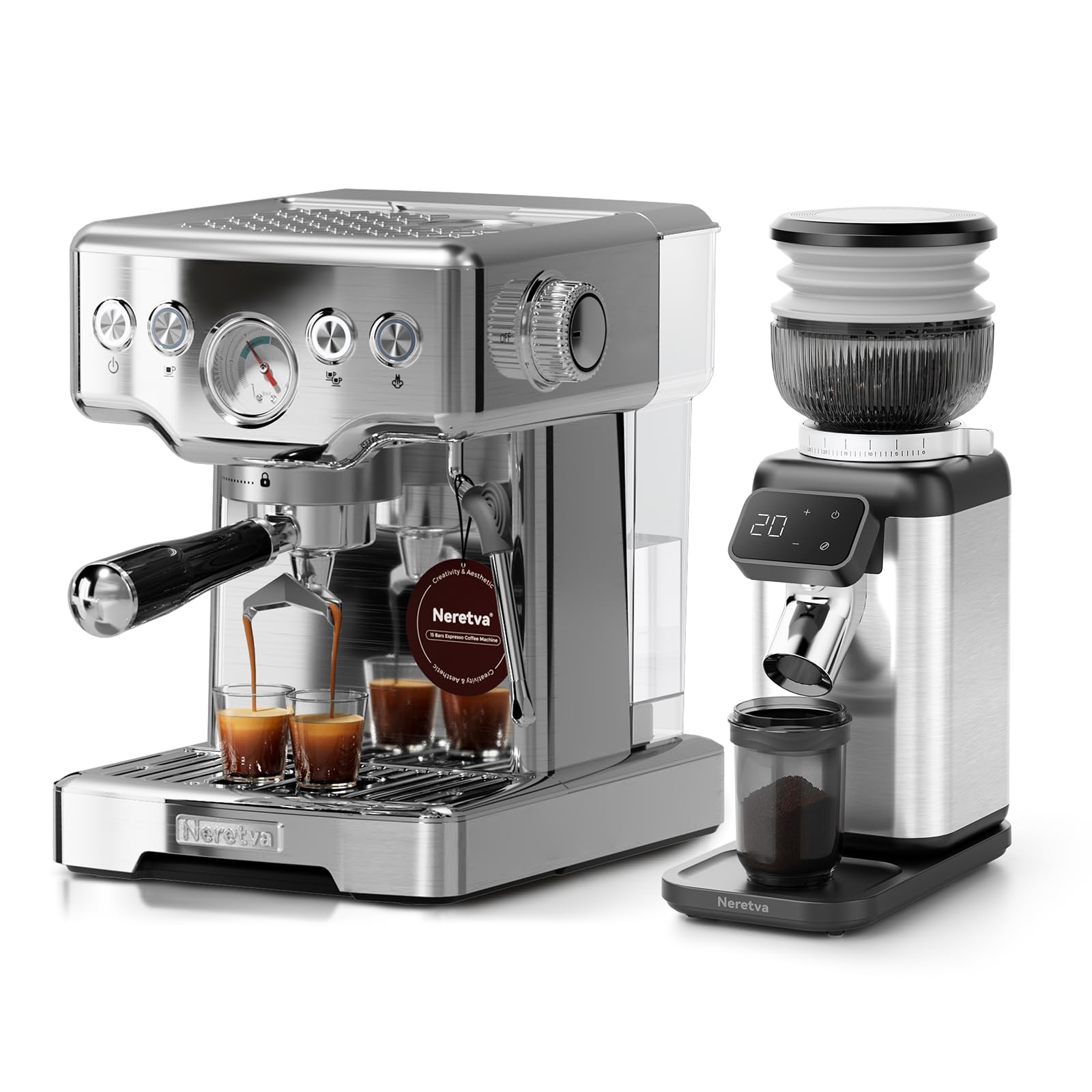 Neretva Cafetera Espresso Profesional de Acero Inoxidable Con Manómetro Visible & Molinillo Cafe Eléctrico Profesional 40 Niveles Precisión Molinillo Café
