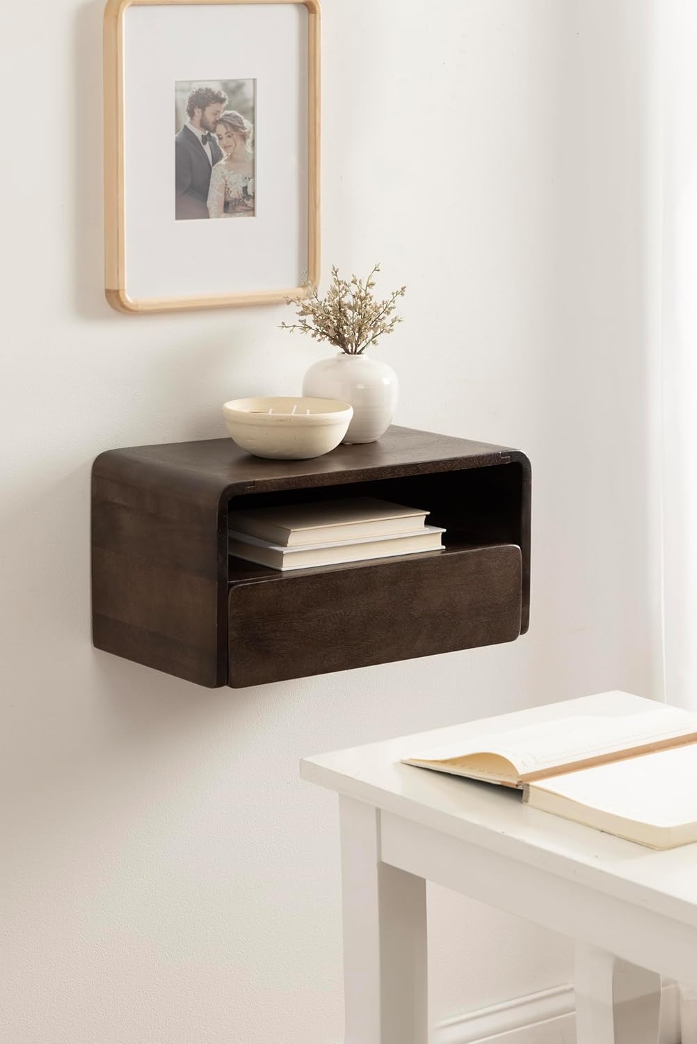 Kate and Laurel Kato Modern Mango Wood Floating Side Table with Drawer, 18 x 10 x 9, Dark Brown, Contemporary Wooden Floating Nightstand for Bedroom Bedside Table or Living Room Wall Storage