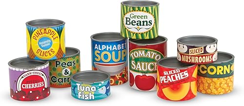 Melissa & Doug, ¡Juguemos a la casa! Accesorios de cocina, Latas de comida, 10 latas apilables con tapas extraíbles