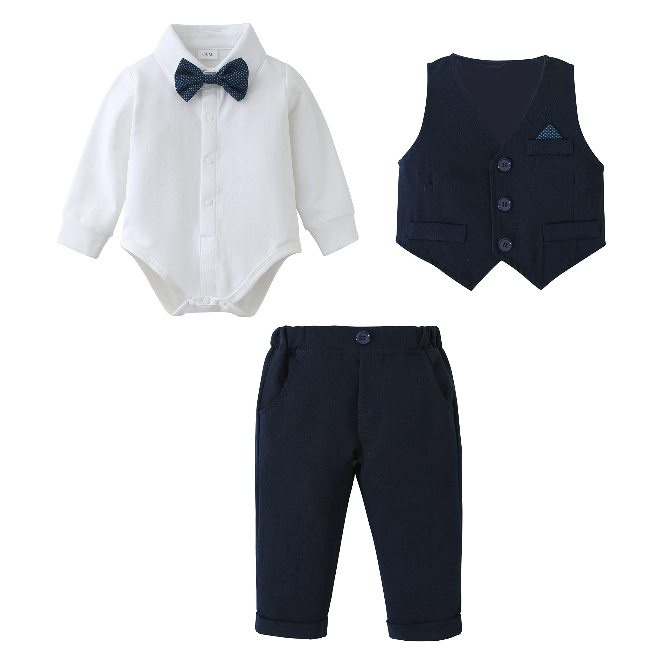 Baby Jongens Kleding Set Pak Peuter Gentleman Lange Mouw Romper Shirt Broek Vest Vlinderdas Feestelijke Doop Bruiloft Grijs, 6-9 maanden