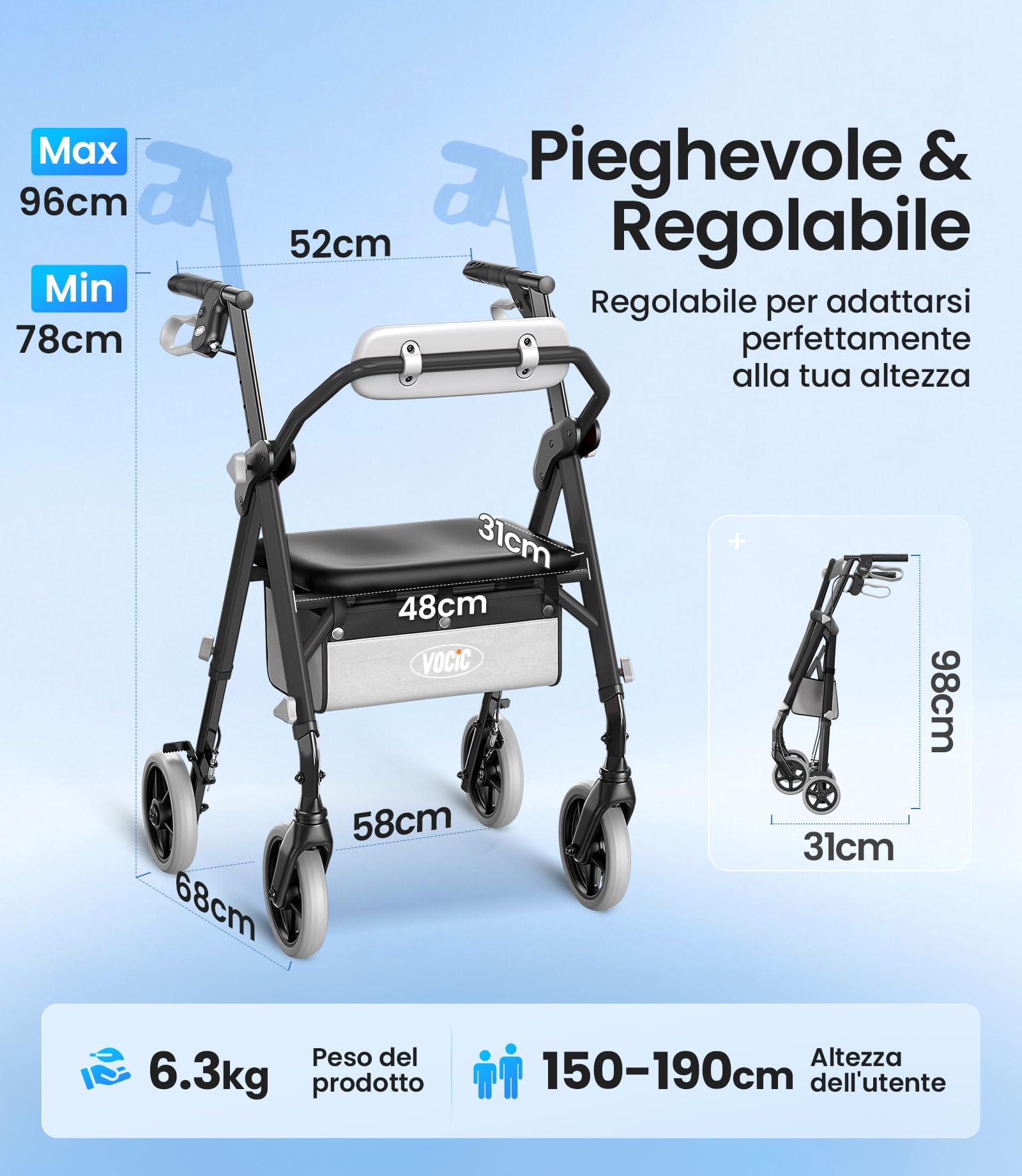 VOCIC Deambulatore pieghevole e leggero con seduta, 6,3 kg ultraleggero | Deambulatore per anziani, max 150 kg, sedile ergonomico, altezza regolabile, walker stretto per casa & viaggi, nero