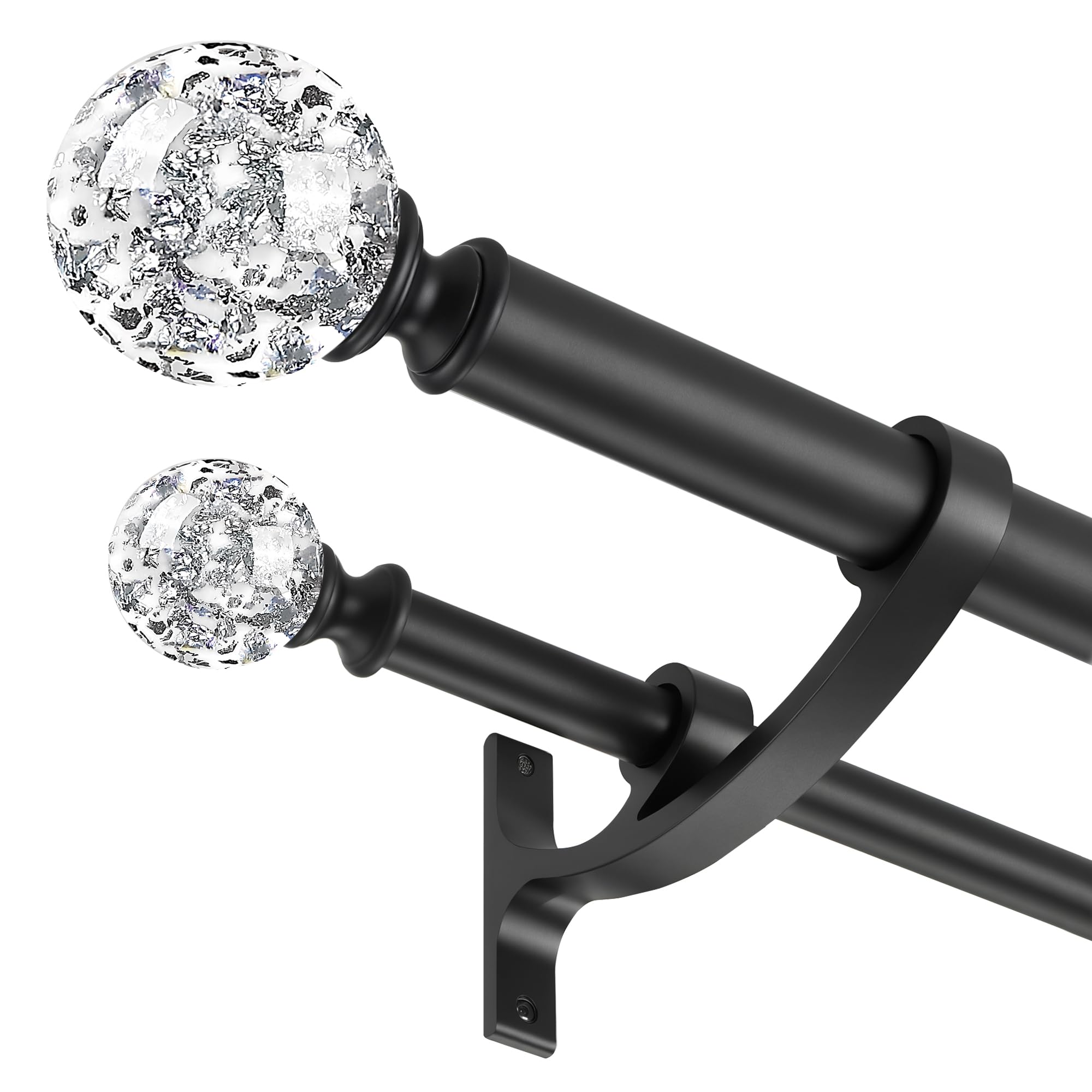 Black Double Curtain Rod 140 to 164 Inch,Double Decorative Crystal Drapery Rods with Solid Aluminum Bracket Acrylic Sheer Bling Foil Finials,1" Front and 5/8" Back Heavy Duty Curtain Rods for Windows