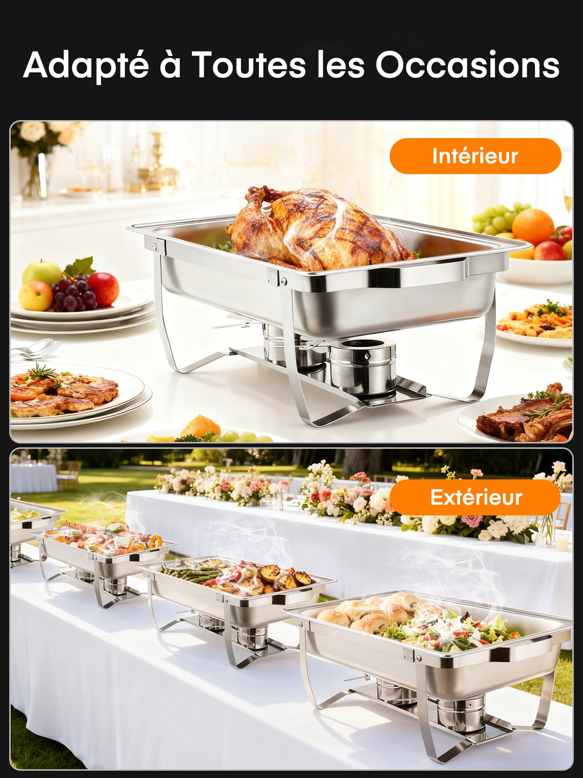 Lot de 4 Chafing Dish Buffet,9L Chauffe Plat Buffet en Acier Inoxydable, Buffet Chauffant Chauffe, Chafing Dish en Traiteur, Hôtel, Restaurant, Fêtes, Mariage, (2×GN1/1+2×GN1/2+4×GN1/4)