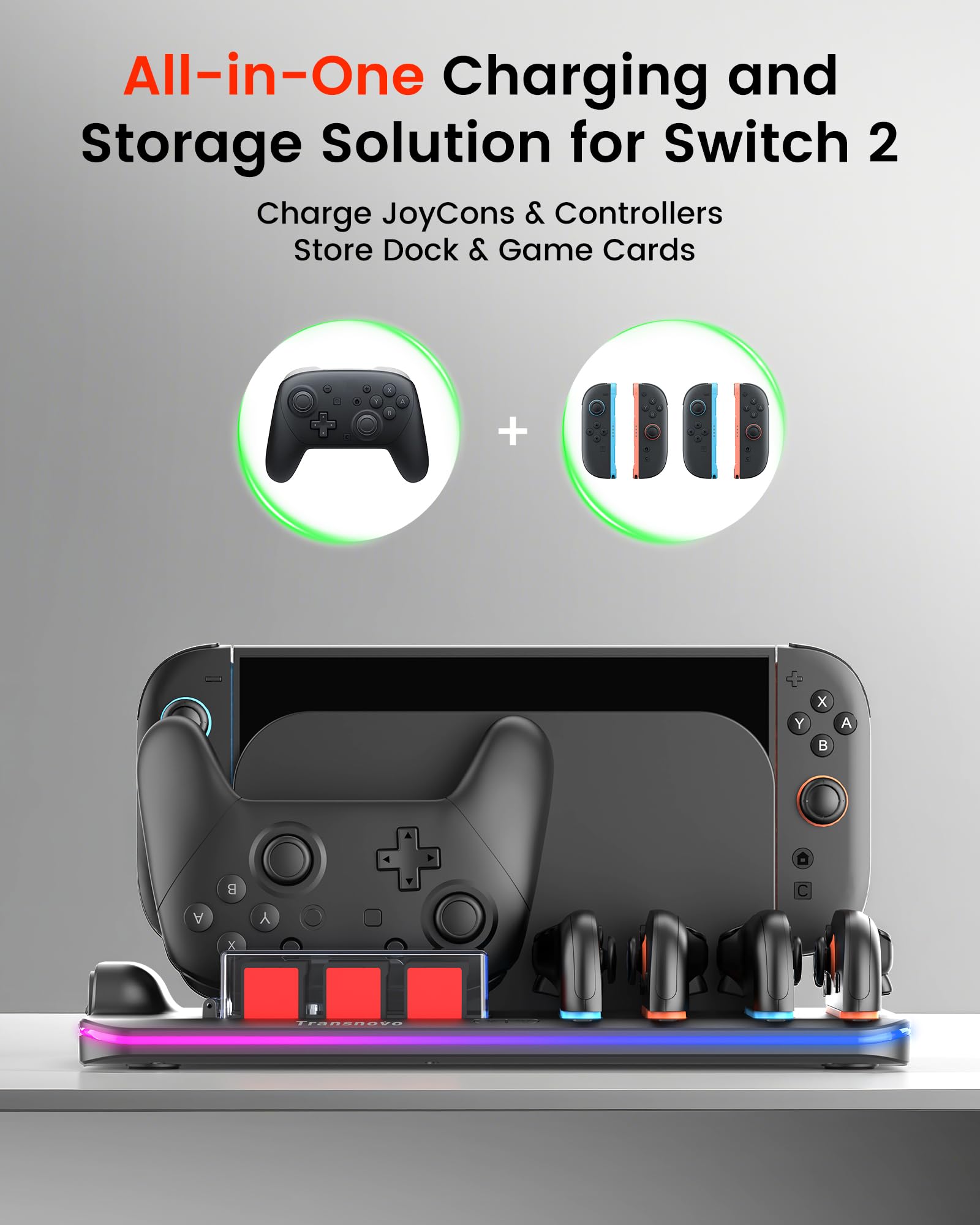 Transnovo Base de Carga para Switch 2 Consola Accesorios, Joycon & Mando Pro, Cargador Mando Switch 2 con Ventiladores, 9 Ranuras para Cartas, LED & 9 Modos RGB, Protección Inteligente
