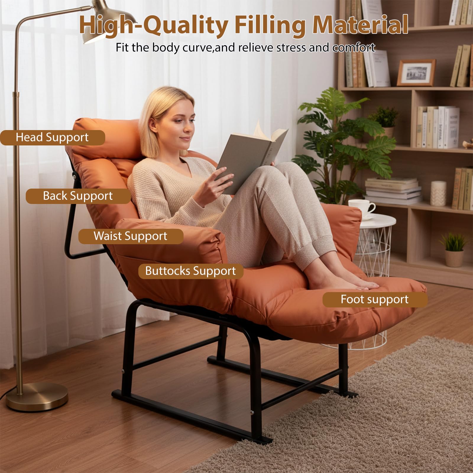Fauteuil Relax, Dossier Inclinable 90°-180°, Cadre en Métal, Jusqu’à 150kg, pour Chambre d' Enfant Chambre à Coucher Salon Balcon,Orange