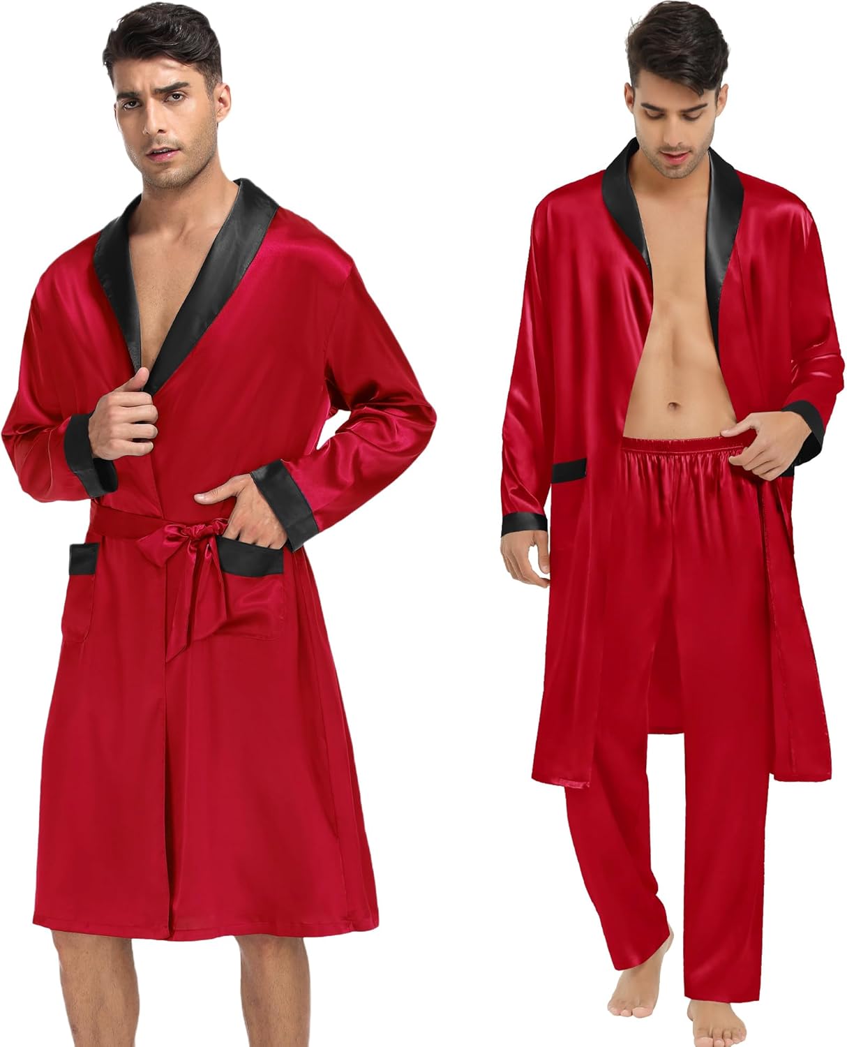 SWOMOG Men's 3 Pcs Robe Silk Satin Kimono Bathrobe with Shorts&Pants Set Lightweight Soft Sleepwear - Image 3