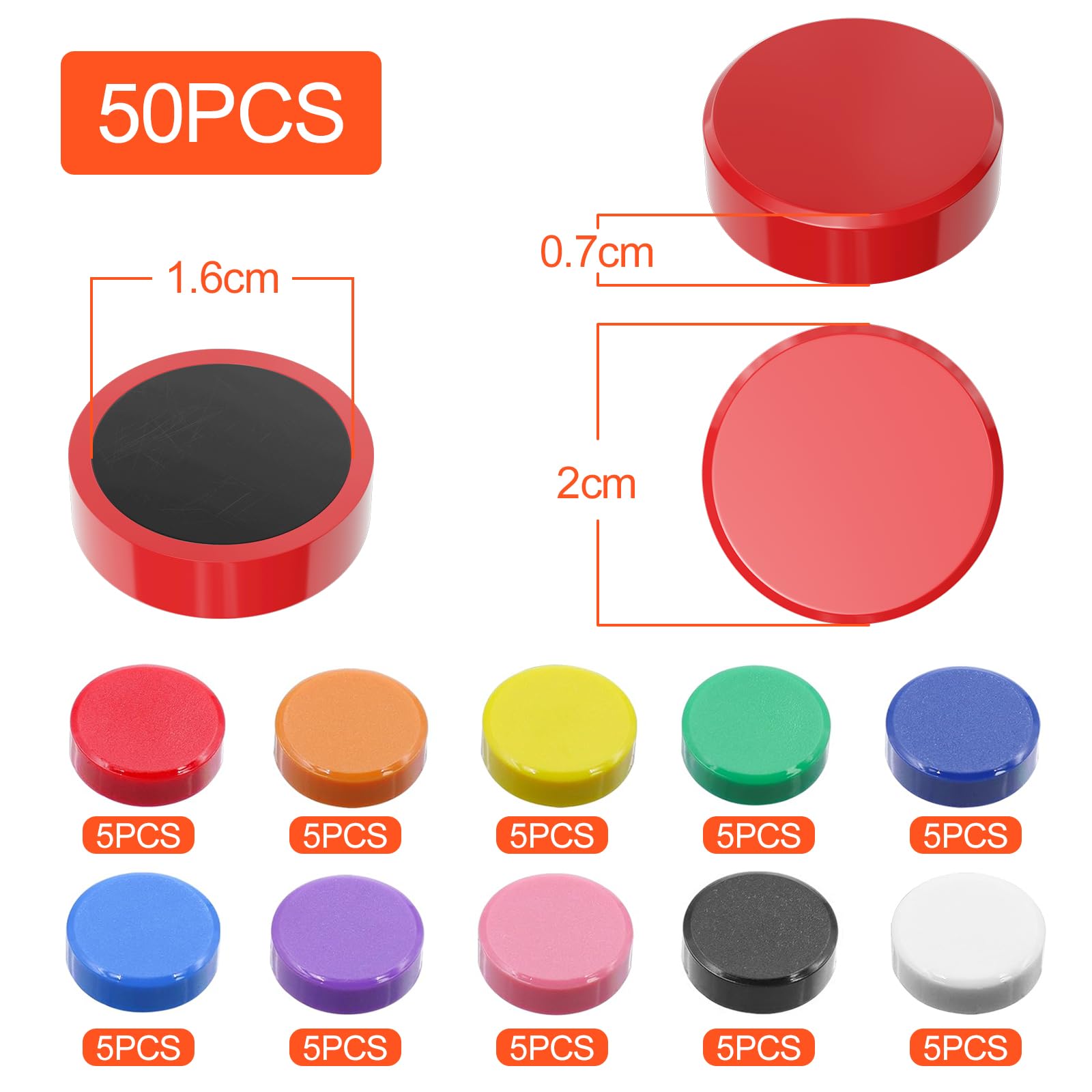 50 Magnetini Colorati Per Frigorifero – Forti E Piatti, Diametro 2 Cm – Ideali Per Lavagne E Note