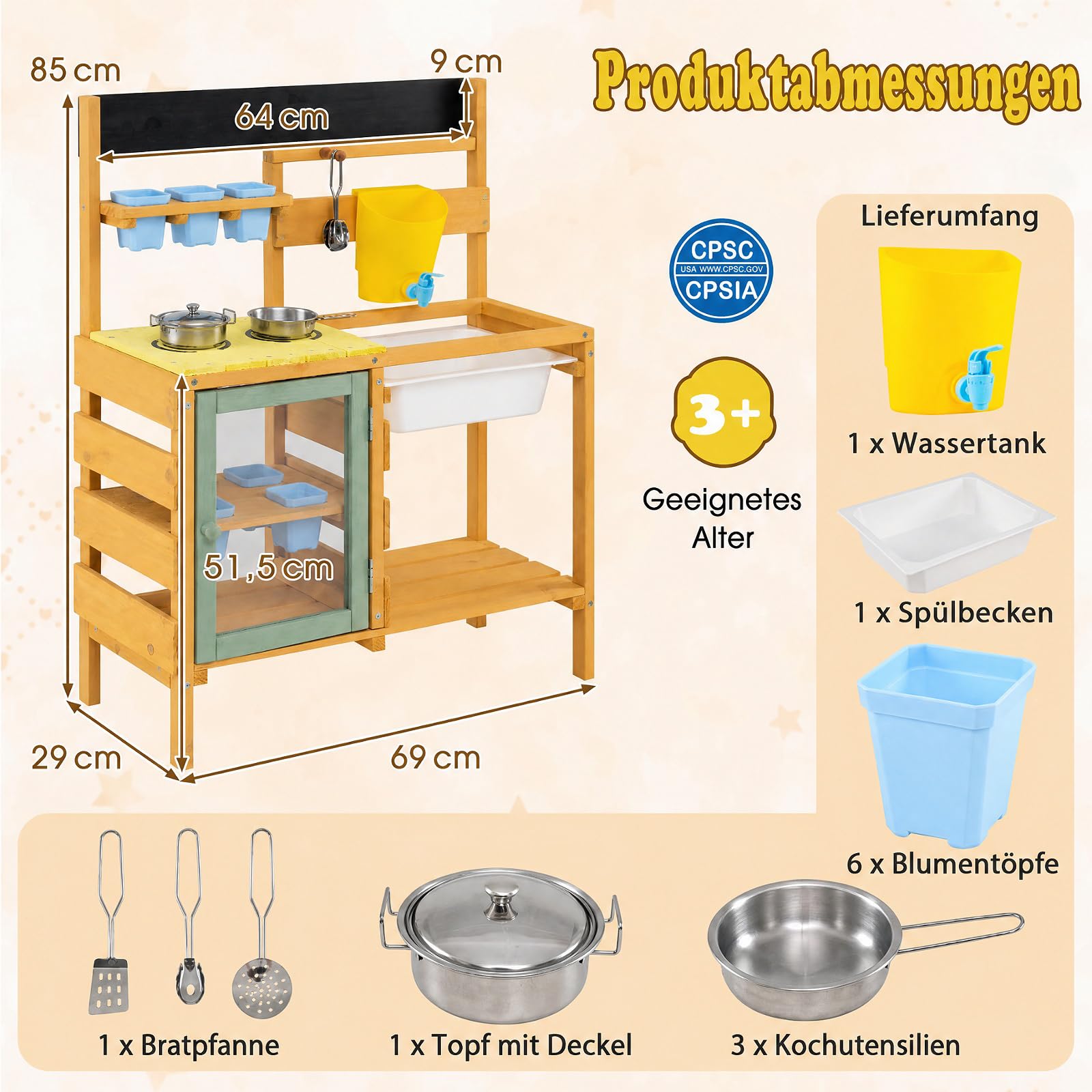 COSTWAY Matschküche Kinder Outdoor, Spielküche mit Wassertank & Wasserhahn | Kinderküche mit Spüle, Blumentöpfen, Kochzubehör & Ablagefächern, Gartenspielküche für Kinder ab 3 Jahren