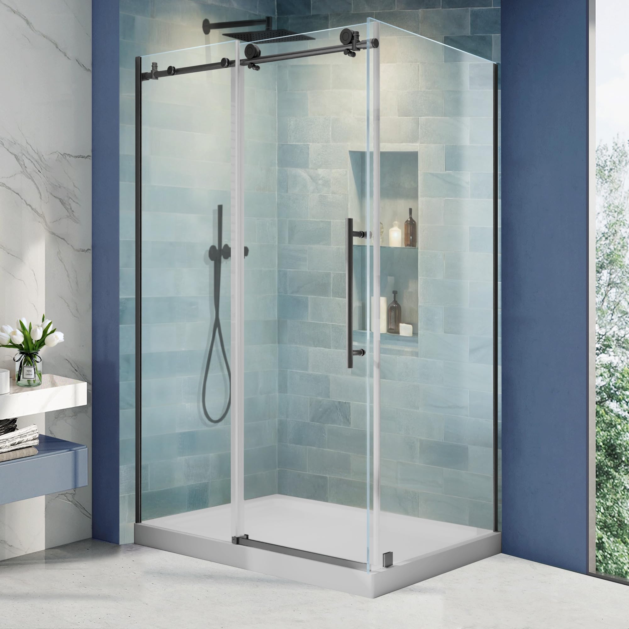 GroGro Corner Sliding Shower Enclosure in Matte Black
