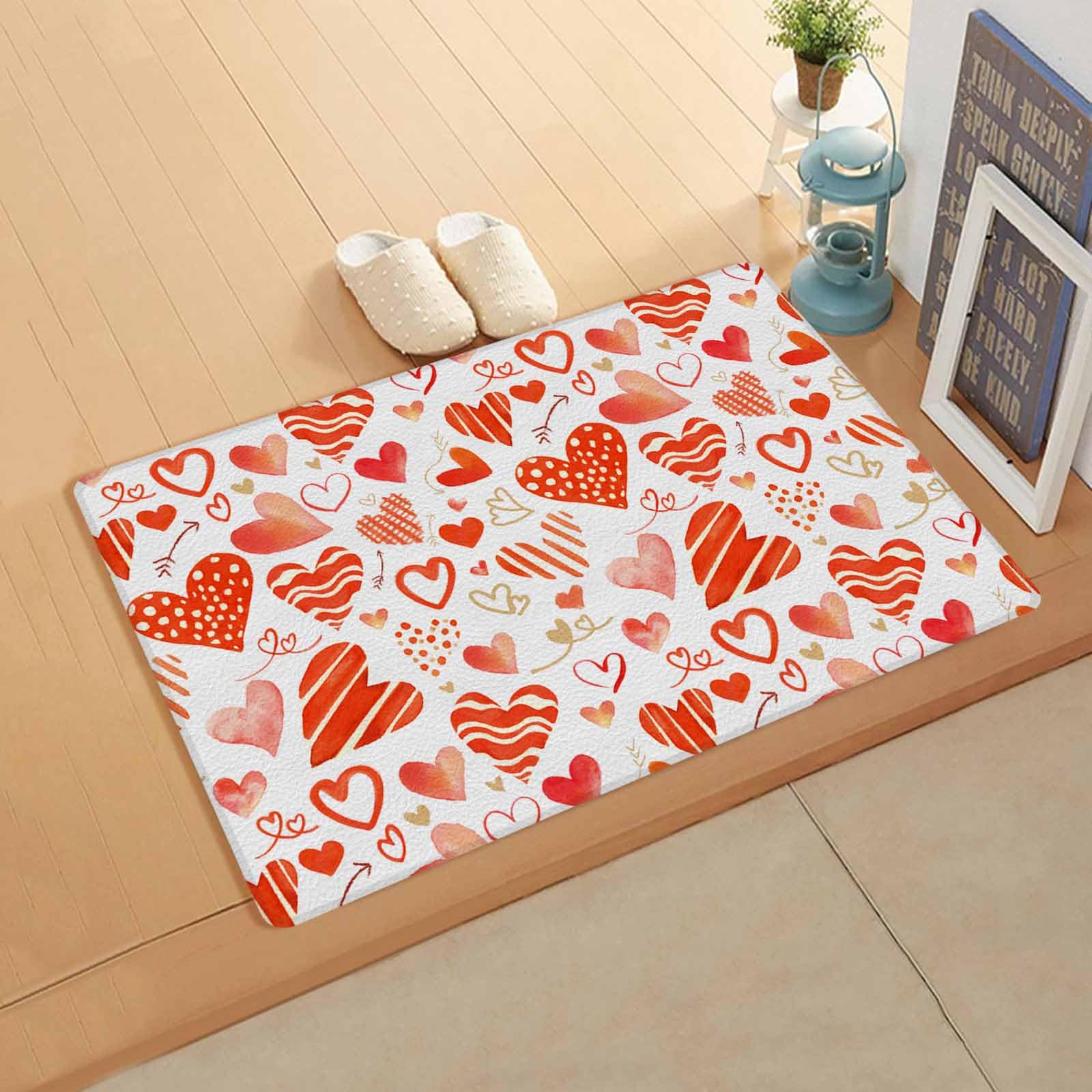 Valentine's Day Kitchen Bath Door Mat Cushioned Runner Rug,Washable Welcome Floor Sink Antifatigue Mat,Waterproof & Non-Slip Comfort Standing Doormat,Valentine Red Love Heart Simple White 18