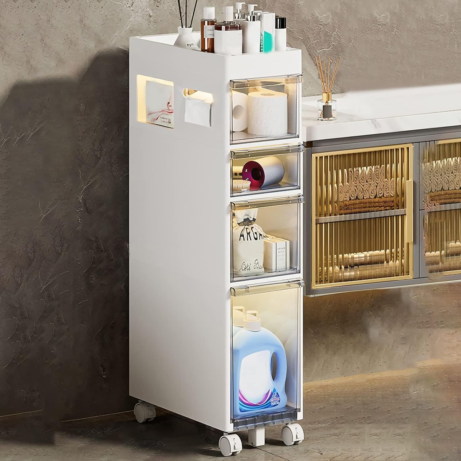 DFGHNBVC Slim Kitchen Storage Cabinet With Drawers And Casters - Under Sink For Narrow B - 9'' Shelf - 2 Tier Compact Design
