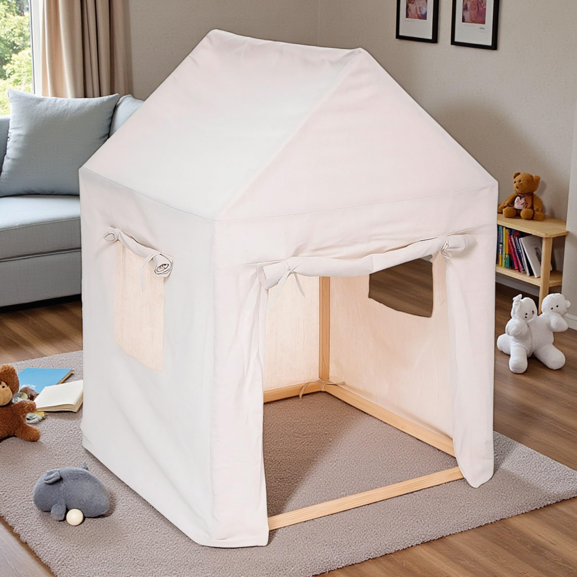 TIENDA EURASIA – Cabaña Infantil | Forma de Casita Diempi | Beige Claro | 77x77x115 cm | Lona de Algodón y Poliéster | Estructura de Madera de Pino | Fácil de Montar y Desmontar | Apta para Lavadora