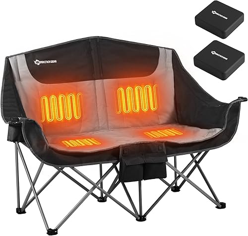 Silla de camping doble climatizada, silla plegable para 2 personas con batería de 12 V 16000 mAh, silla de dos plazas portátil con calefacción, para