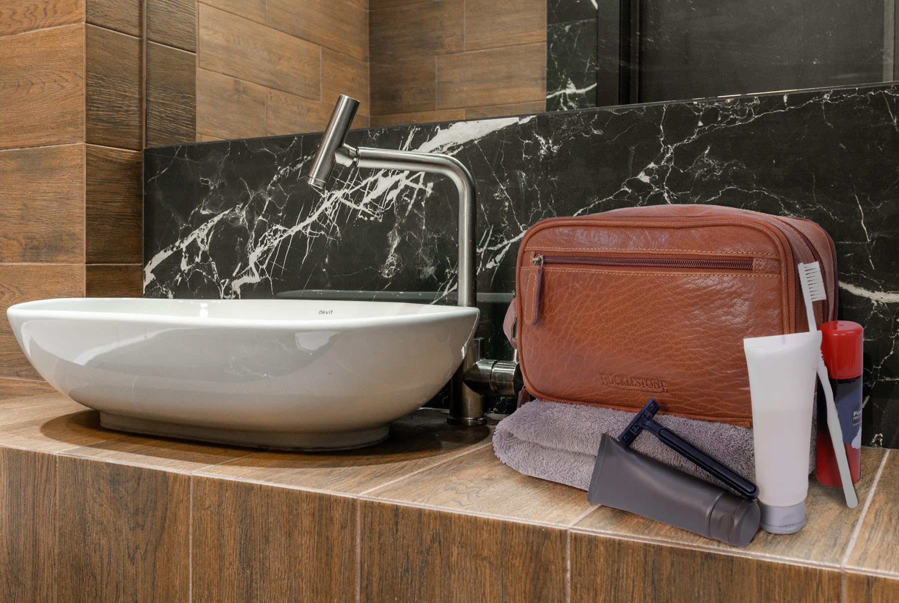 Beauty Case da Viaggio in Pelle - Borsa da Toilette Media - Necessaire Uomo - Wash Bag - Borsa Pochette per Cosmetici - Durham - Nero