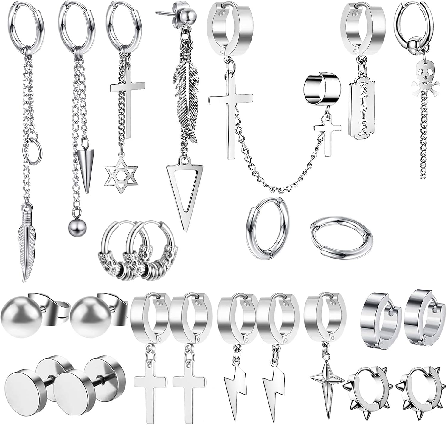 24 Piezas Acero Inoxidable Pendientes Hombre Negro Aro Kpop Pendientes Plumas Cruz Colgantes Pendientes Para Hombres y Mujeres Punk Kpop Pendientes con Bisagras