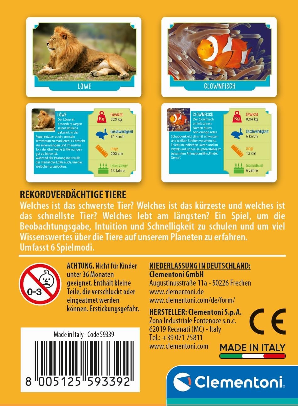 Clementoni Galileo Games Record Suspect Animals - Card Game, Ideal as a Travel Game for Adults and Children from 6 Years, 59339