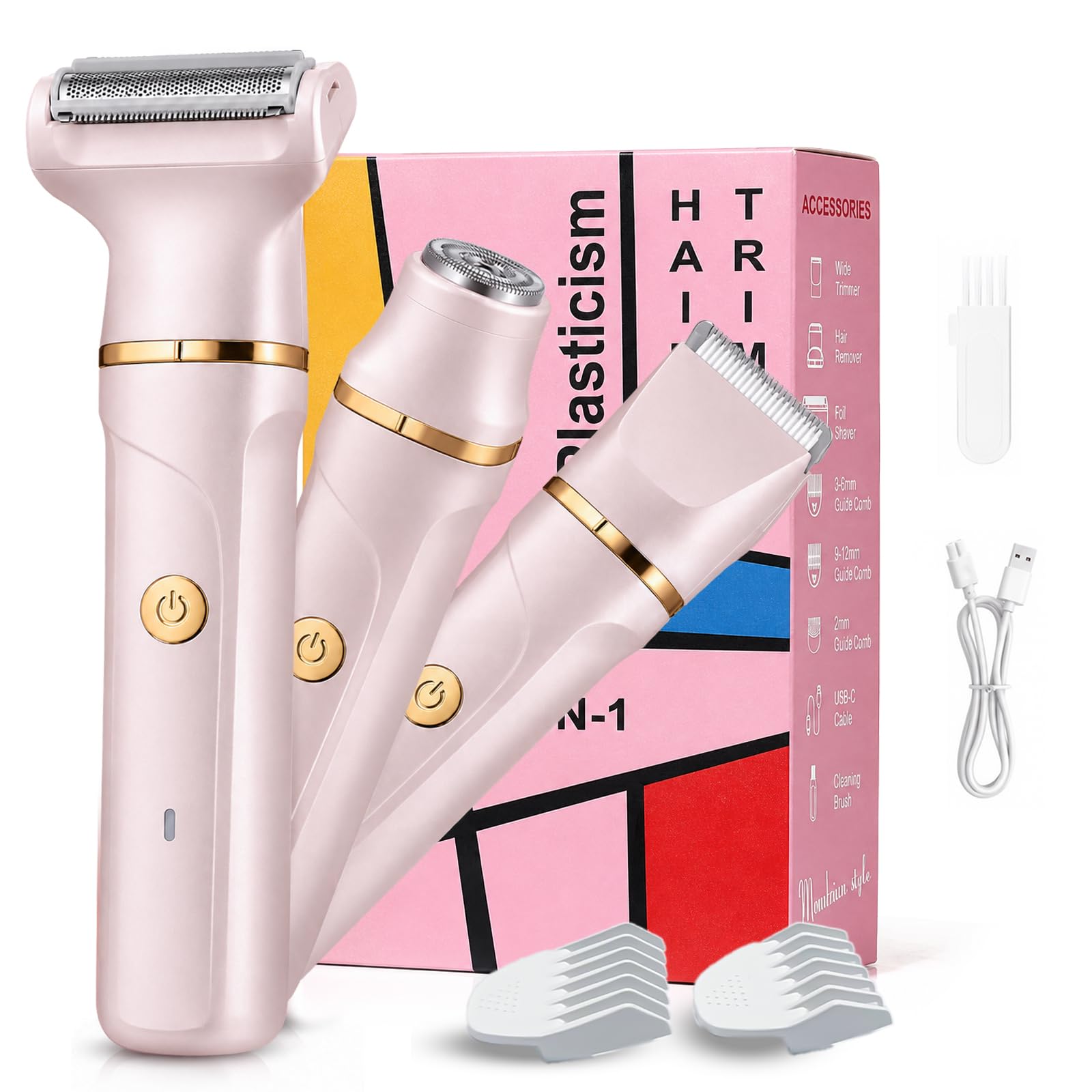 Recortadora de bikini para mujer, maquinilla de afeitar eléctrica 3 en 1 con cabezales especializados para cara, cuerpo y línea de bikini, afeitadora de bikini recargable impermeable con afeitadora de