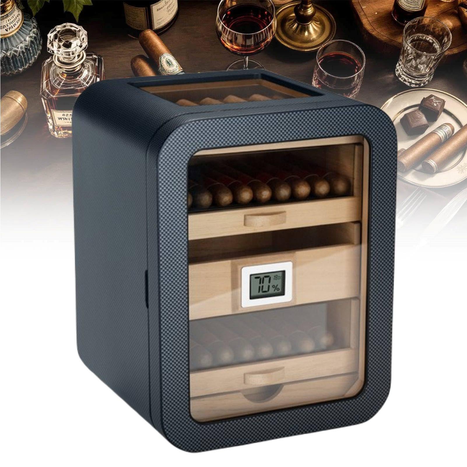 MhWrughts Luxury Electric Cigar Humidor Cabinet, Cedar Wood Humidor with Humidifier & Digital Hygrometer, 110 Count Glass Top Storage Box for Home Office Lounge CarbonFiber-B
