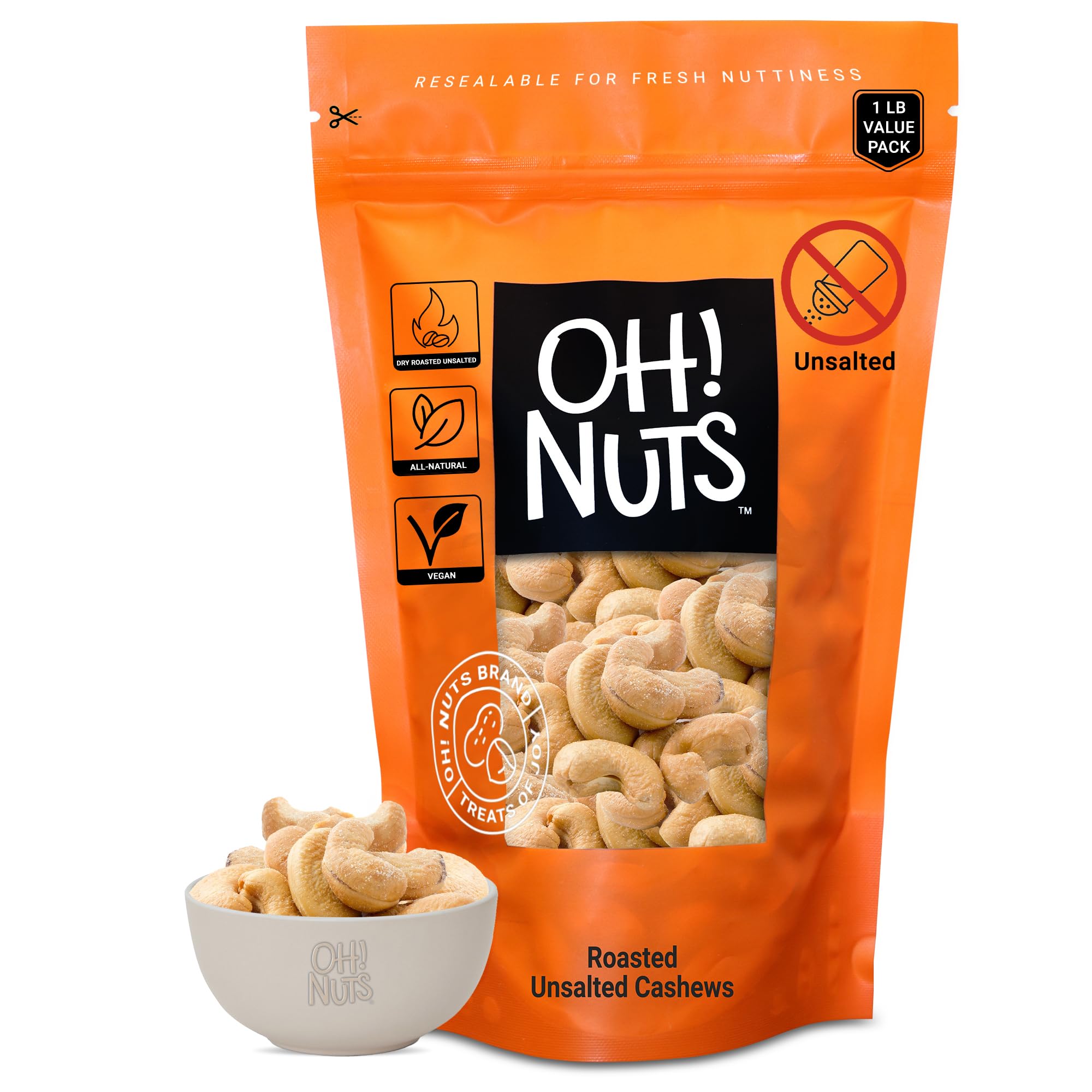 Oh! Nuts Cashews Roasted Unsalted - 1 lb - Roasted Unsalted Cashews - Packed in New York Zip-Seal Bag for Exceptional Freshness