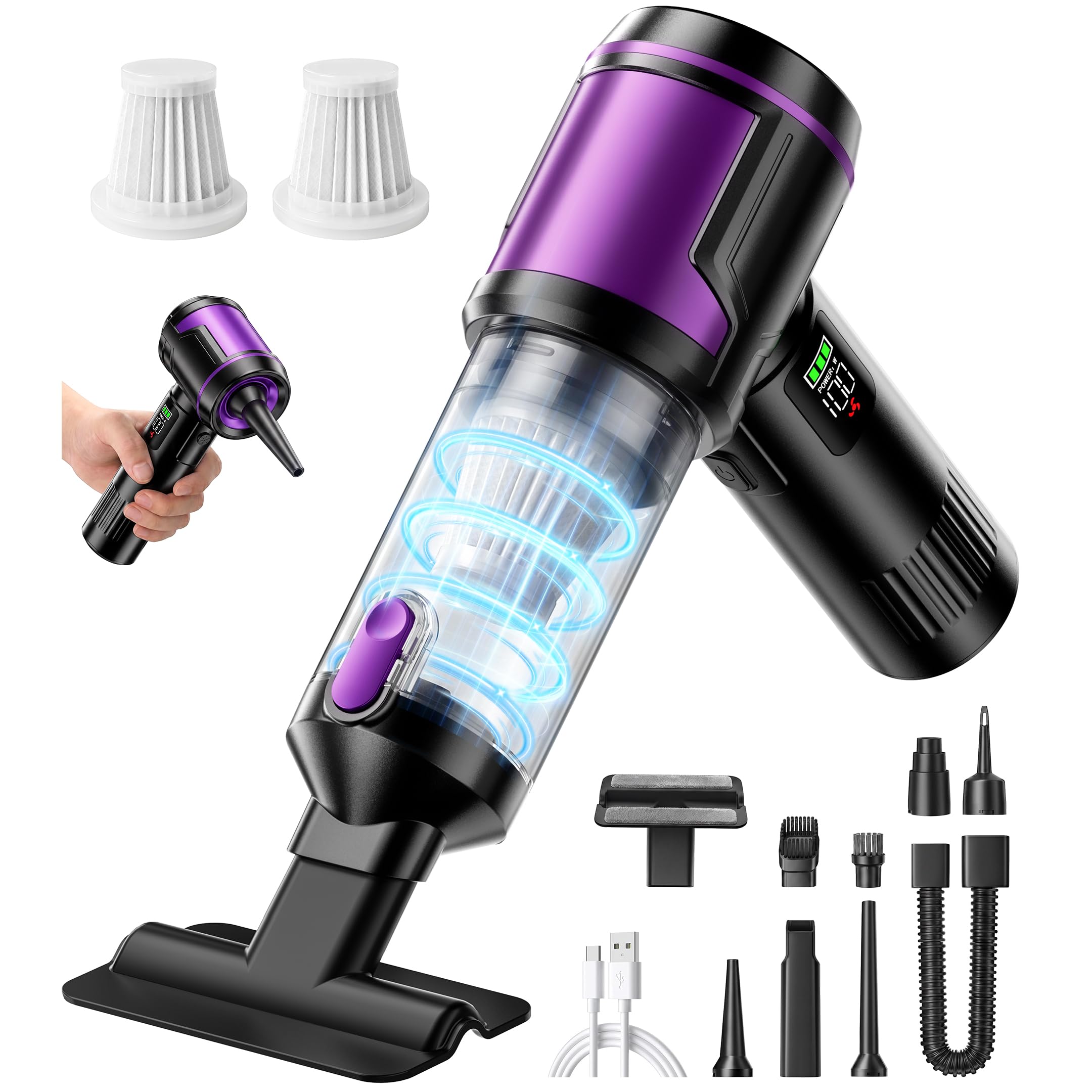 Handheld Car Vacuum Portable Cordless, Hand held Vacuum Cleaner & 22K Pa High-Power Suction Air Duster for Car Cleaning, Home, Office, Pet Hair -Black-image-3