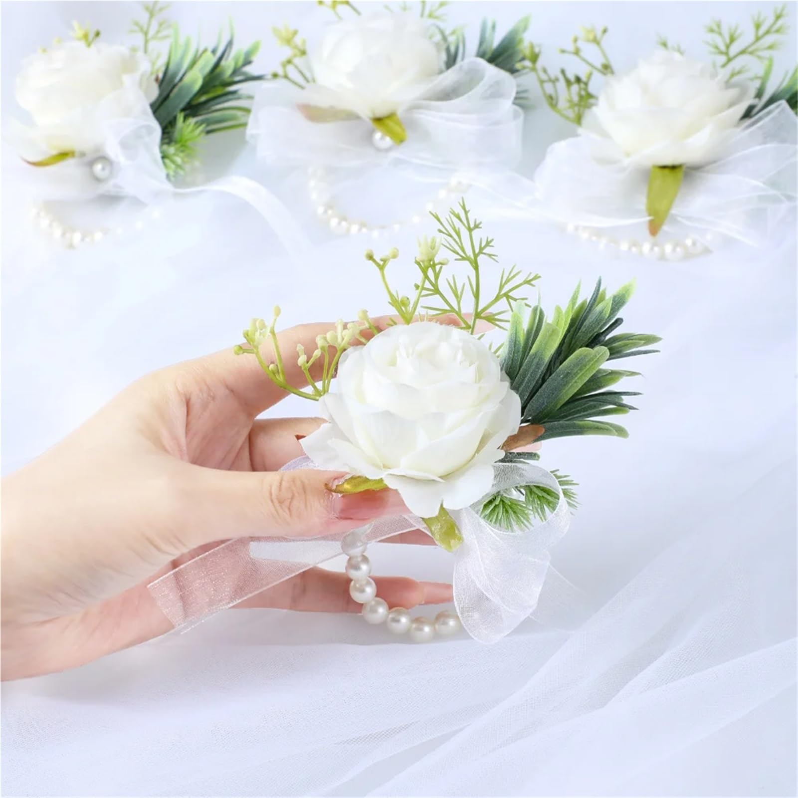 Fiore sul Petto di Nozze, Polso della Damigella d'Onore Sposa dello Sposo, Accessorio, Simulazione del Nastro Rosa, ghirlande(6pcs-Corsage)