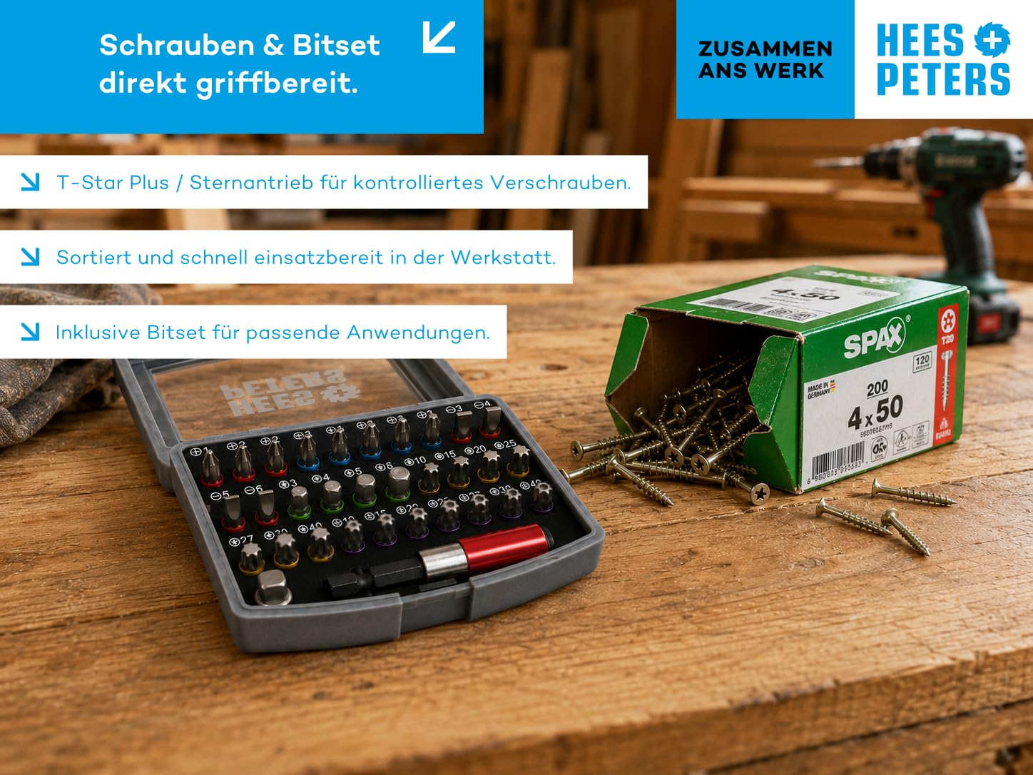 SPAX Schraubenset Heimwerker – 2100 T-Star Plus WIROX Schrauben T20/T30 – Teilgewinde – Größenmix 3,5x16 bis 5x80 mm – rostschutzbeschichtet – im praktischen Set mit exklusivem Bitset