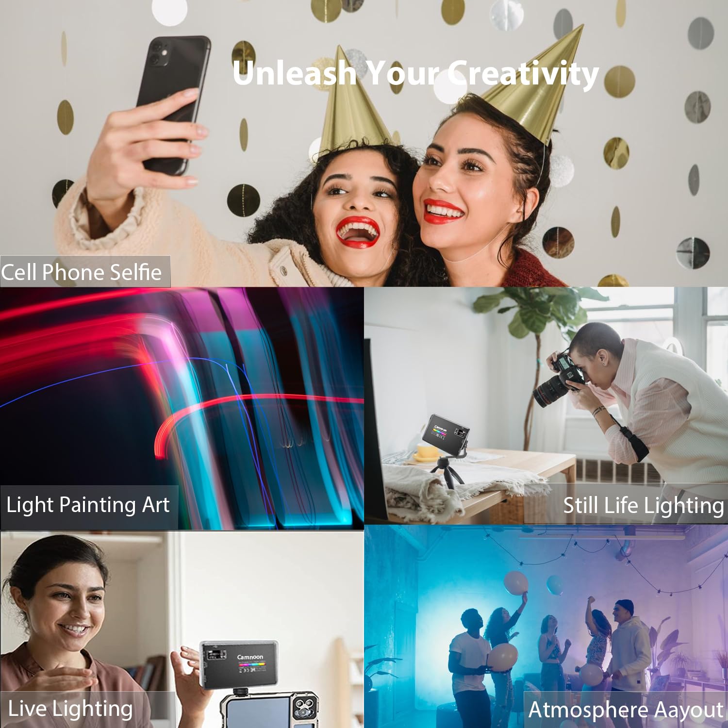 Luce LED Fotografia con Clip, Camnoon Luce Video Selfie con 120 Perle LED 1000Lux, 2500K-9000K, 20 Effetti di Luce, 117G Luce Fotografica Portatile per Esterno Móvil, Ripresa TikTok, Telefono/Laptop