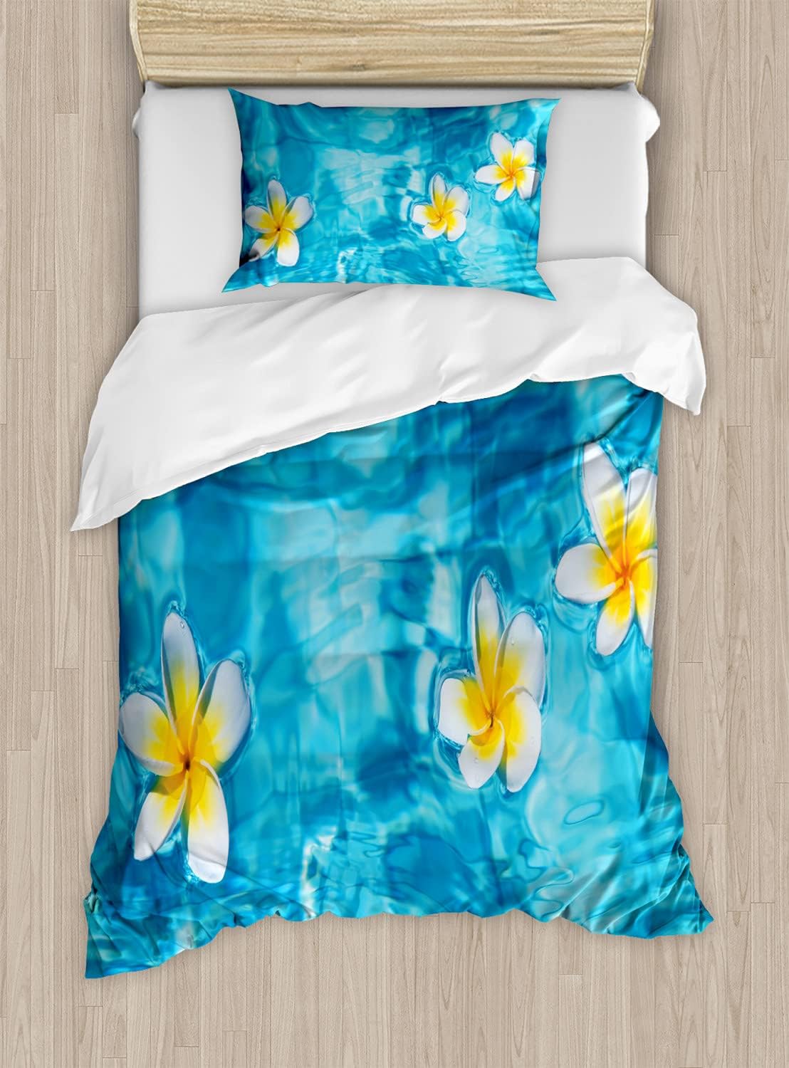 Ambesonne Hawaiian Duvet Cover Set, Tropical Frangipani Flower Floating in Water Pool Summertime Ecofriendly, Decorative 2 Piece Bedding Set with 1 Pillow Sham, Twin Size, Blue Yellow Twin Blue Yellow