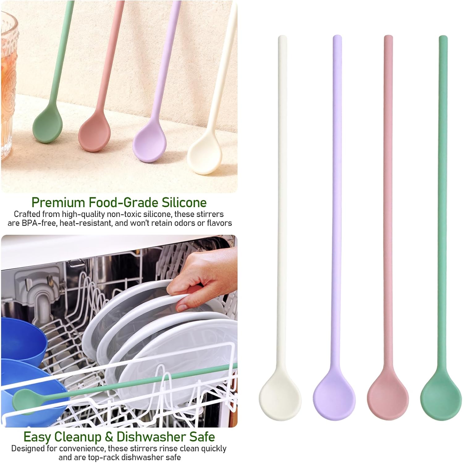 4Pcs 10in Silicone Stirrer Spoons for Coffee Whiskey Milk Mixing | Pastel rainbow reusable swizzle sticks Heat-safe silicone For coffee, tea, cocktails(Yellow, Purple, Pink, Green)