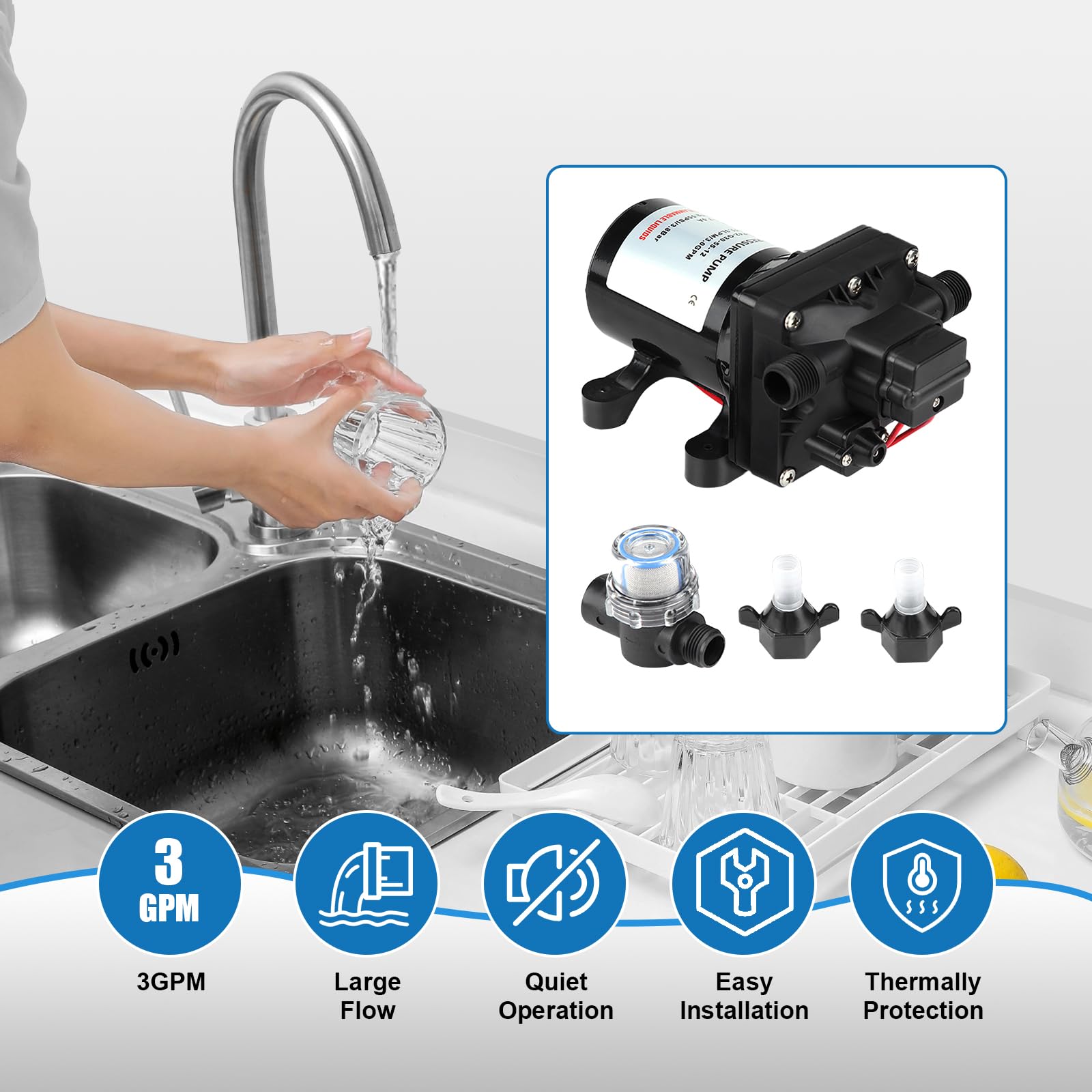 Tbest Pompa acqua per, 4008101E65 Pompa 55 PSI 3GPM 7,5 Amp 12V DC Pompa acqua autoadescante per e roulotte