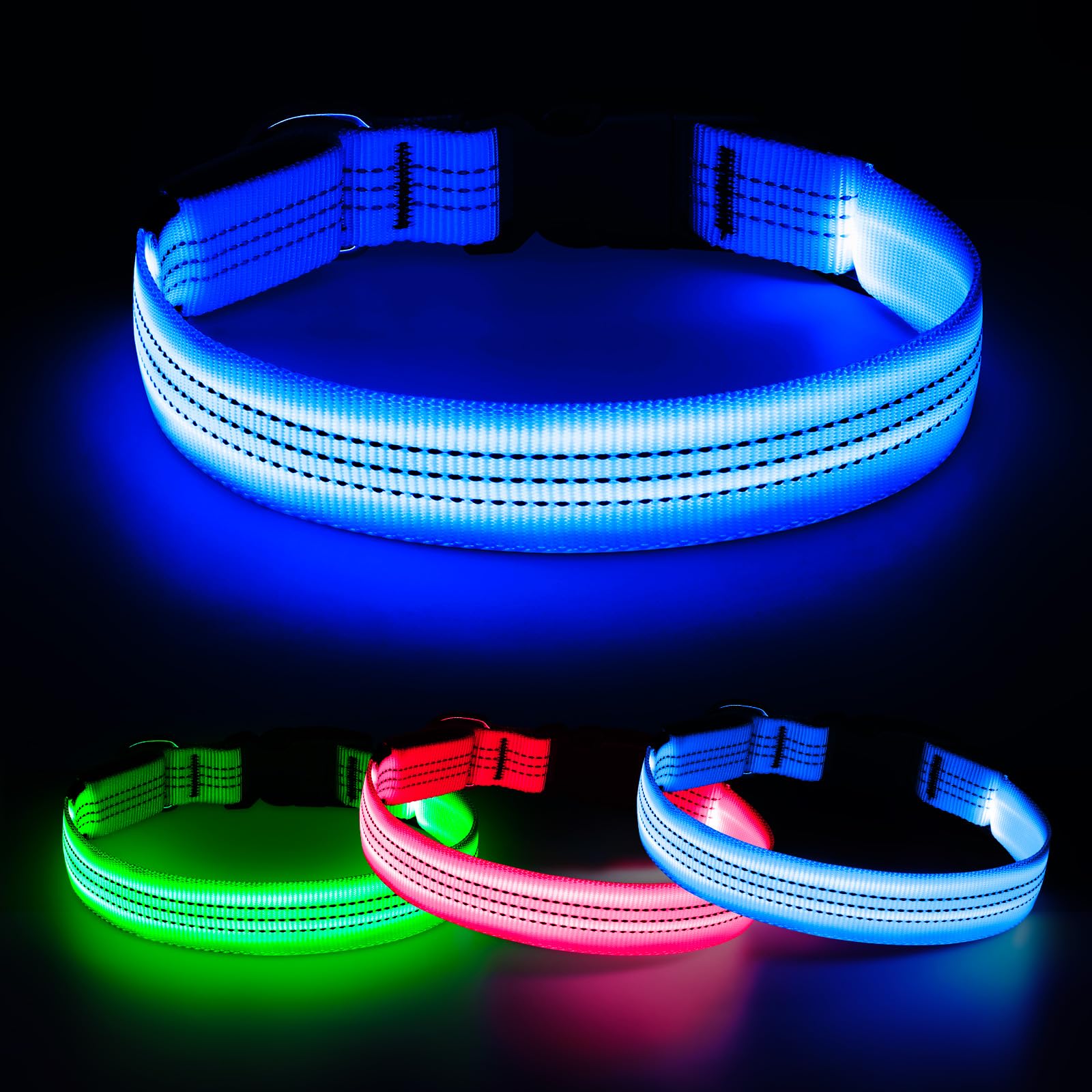 DOMIGLOW Leuchtendes Hundehalsband, wiederaufladbares LED-Halsband, leuchtet im Dunkeln, reflektierendes Haustier-Sicherheitslicht für Hunde, Spaziergänge, Camping bei Nacht (Blau, S)