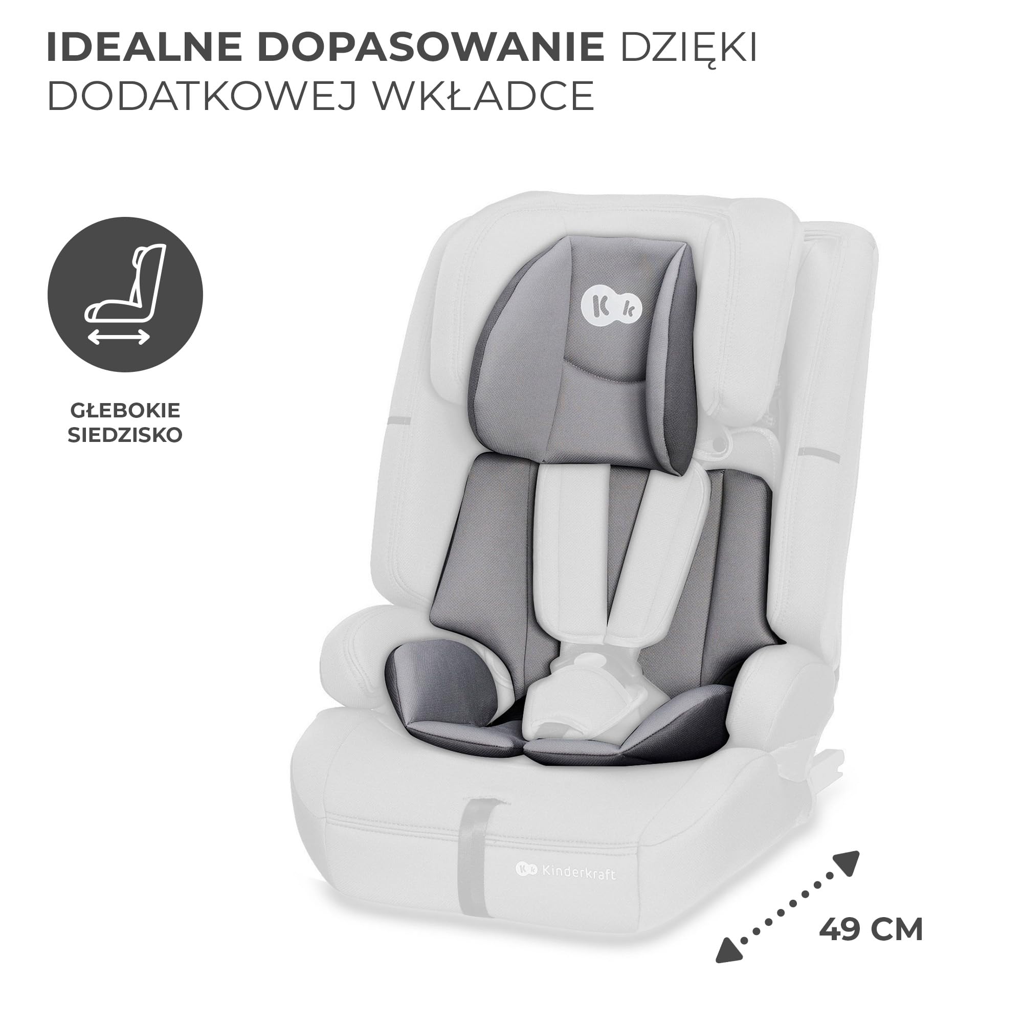 Kinderkraft SAFETY FIX 2 i-Size Fotelik samochodowy i-Size, Regulowany zagłówek, Płynna regulacja oparcia, ISOFIX, TOP TETHER, Zdejmowany pokrowiec, Norma R129, Grupa ECE I/II/III 9-36 kg, Szary