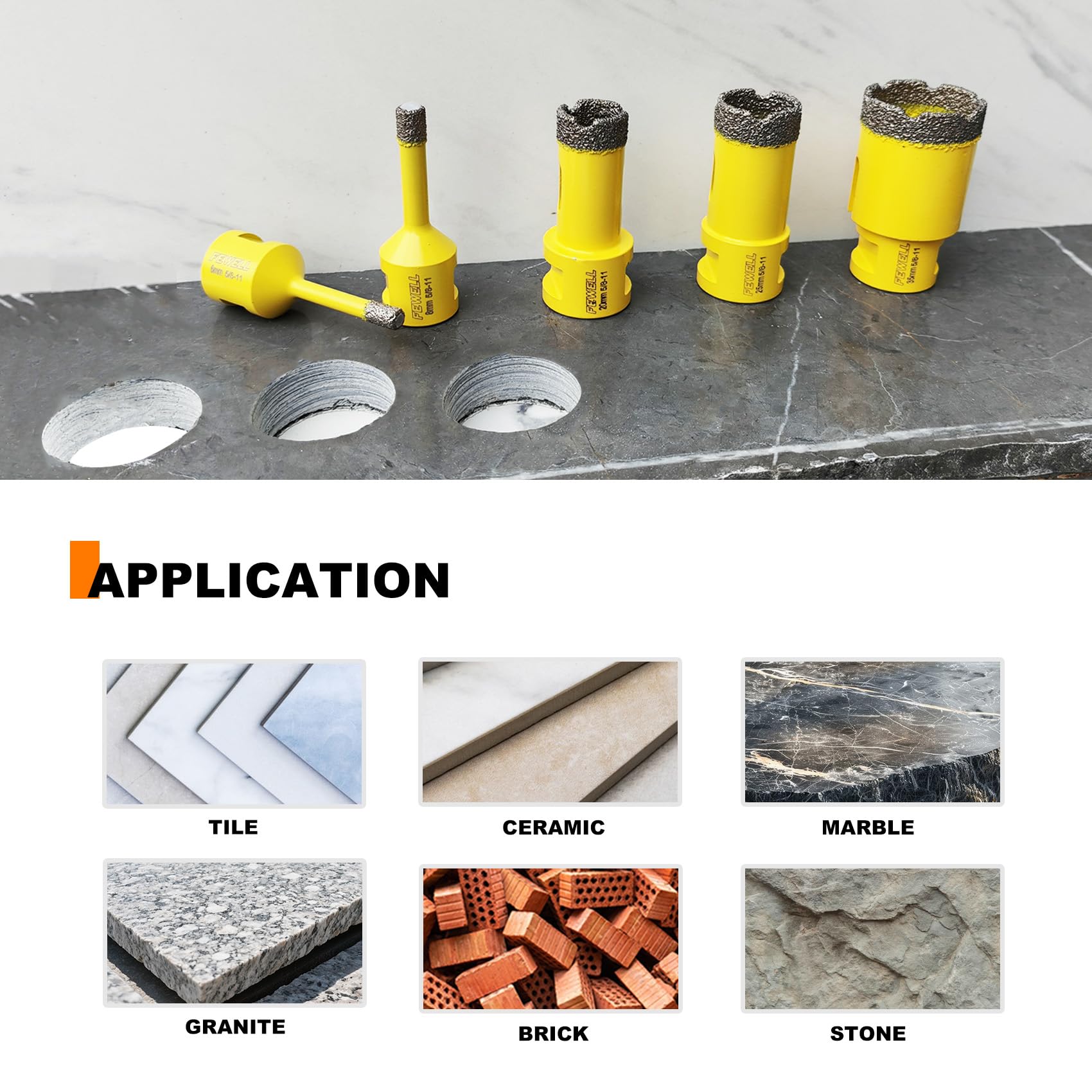 FEWELL Kit di seghe a tazza diamantate per piastrelle con punta diamantata da 5/8-11, set di punte diamantate (6/8/20/25/35/50/65/100 mm+punta a dito da 20 mm + punta per smussare 50 mm) per
