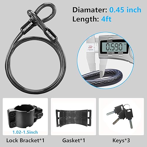 Miniatura 5 de Candado en U para bicicleta con cable de seguridad de 4 pies, grillete de 0.551 in, cerradura de bicicleta con 3 llaves y soporte de montaje,