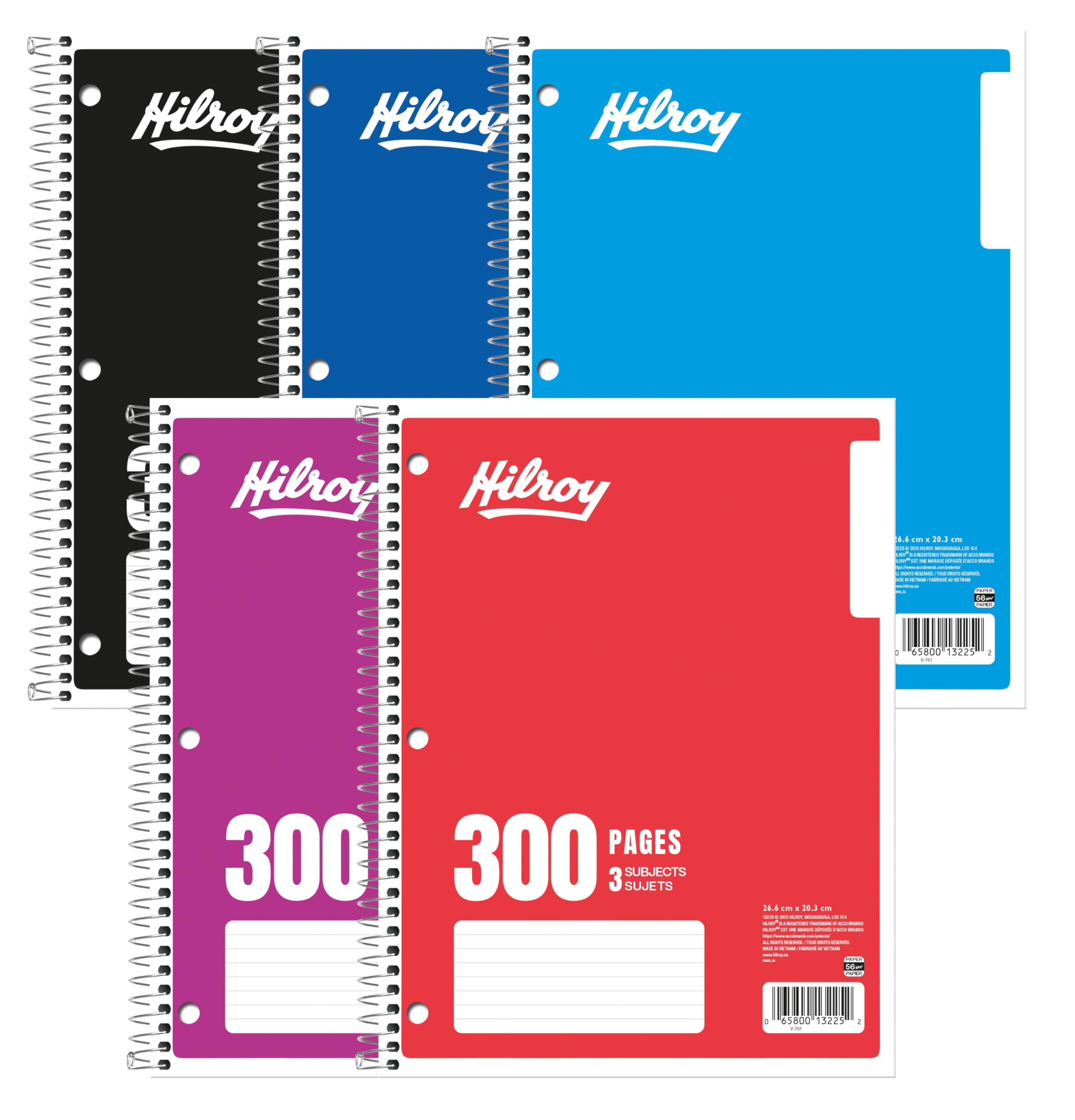 Hilroy 3-Subject Coil Notebook, 8" x 10.5", Wide Ruled, 3-Hole Punched, 300 Pages/150 Sheets, 1 Notebook, Colour May Vary (13225) image 8