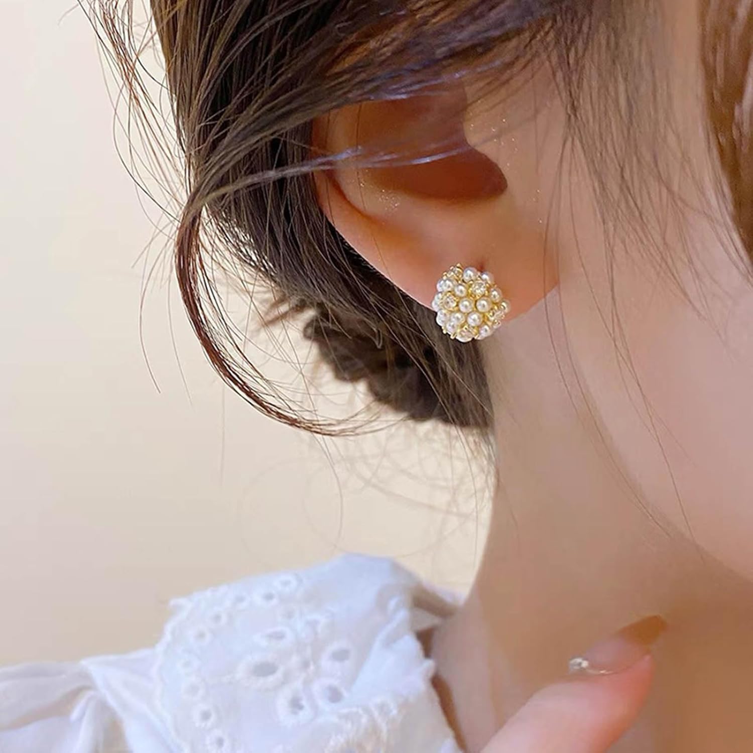 Vintage Cluster Pearl Stud Earrings Gold Rhinestone Pearl Ball Earrings Round Cz Pearls Cluster Earrings Firework Crystal Pearls Earrings Jewelry for Women - Image 8