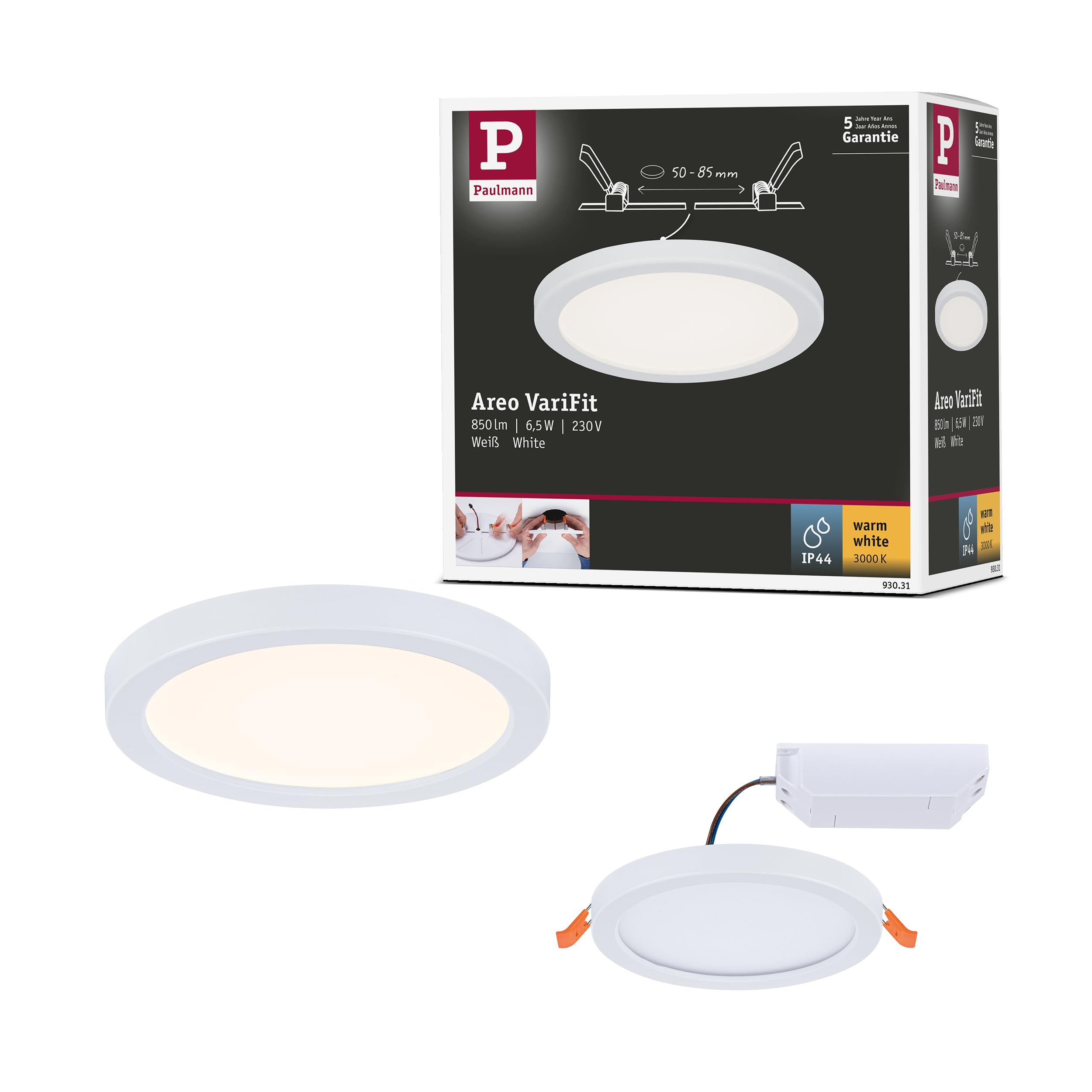 Paulmann 93031 Areo VariFit LED Panel recessed luminaire IP44 Warm White 118mm Round incl. 1x6.5W White Ceiling lamp Plastic 3000K