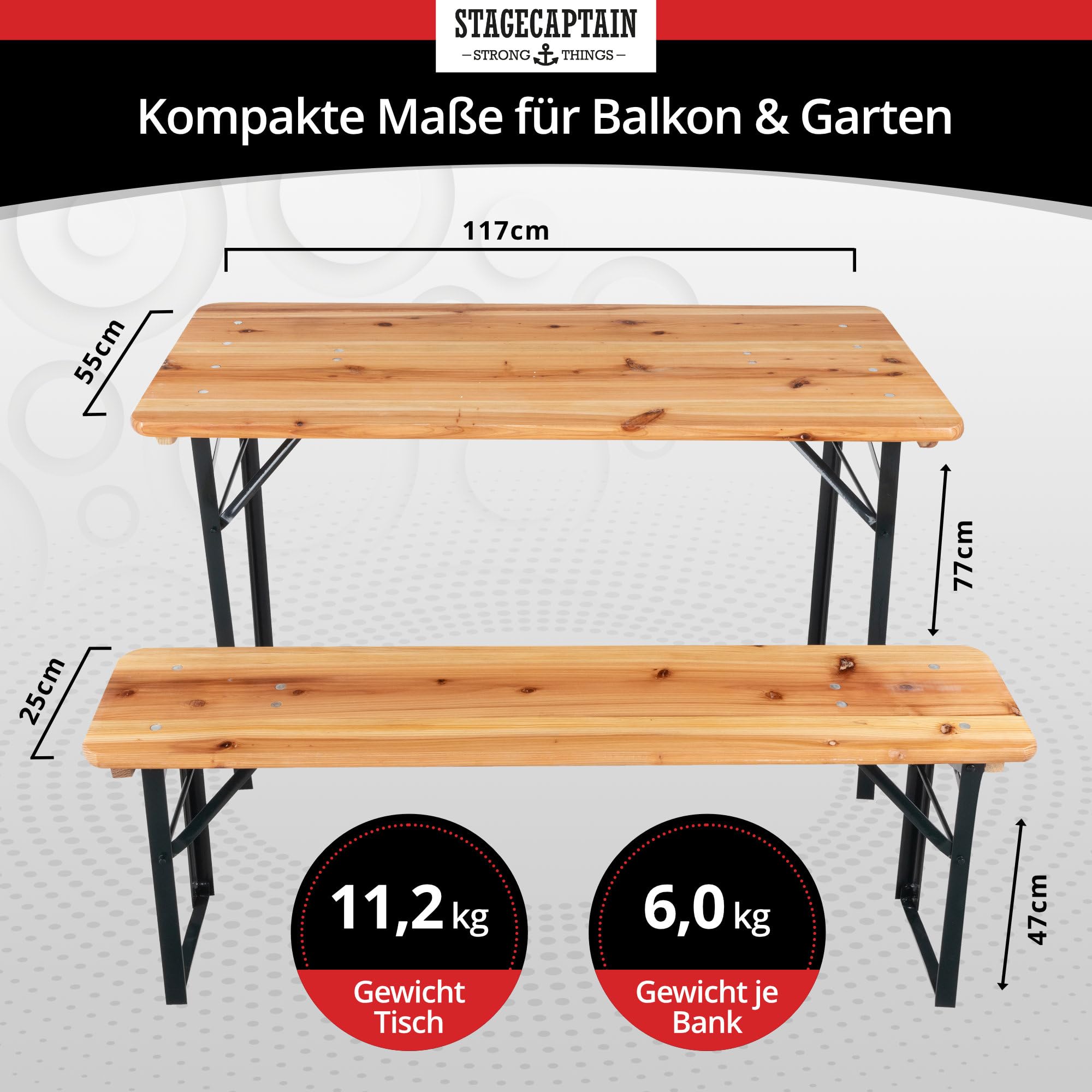 Stagecaptain BB-117 NT Hirschgarten Bierzeltgarnitur für Balkon - kurze Version 117 cm Länge - Klappbare Festzeltgarnitur 1x Tisch 2x Bank - Sitzgarnitur aus Holz - Für Innen- und Außenbereich - Natur