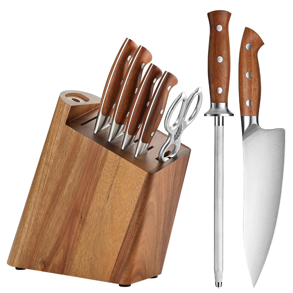HEZHEN Blocs Couteaux Ensembles de Couteaux de Chef, Set de Couteaux de Cuisine avec Bloc de Couteaux en Bois D'Acacia, Ciseaux de Cuisine en Acier Inoxydable, Avec Fusil à Aiguiser