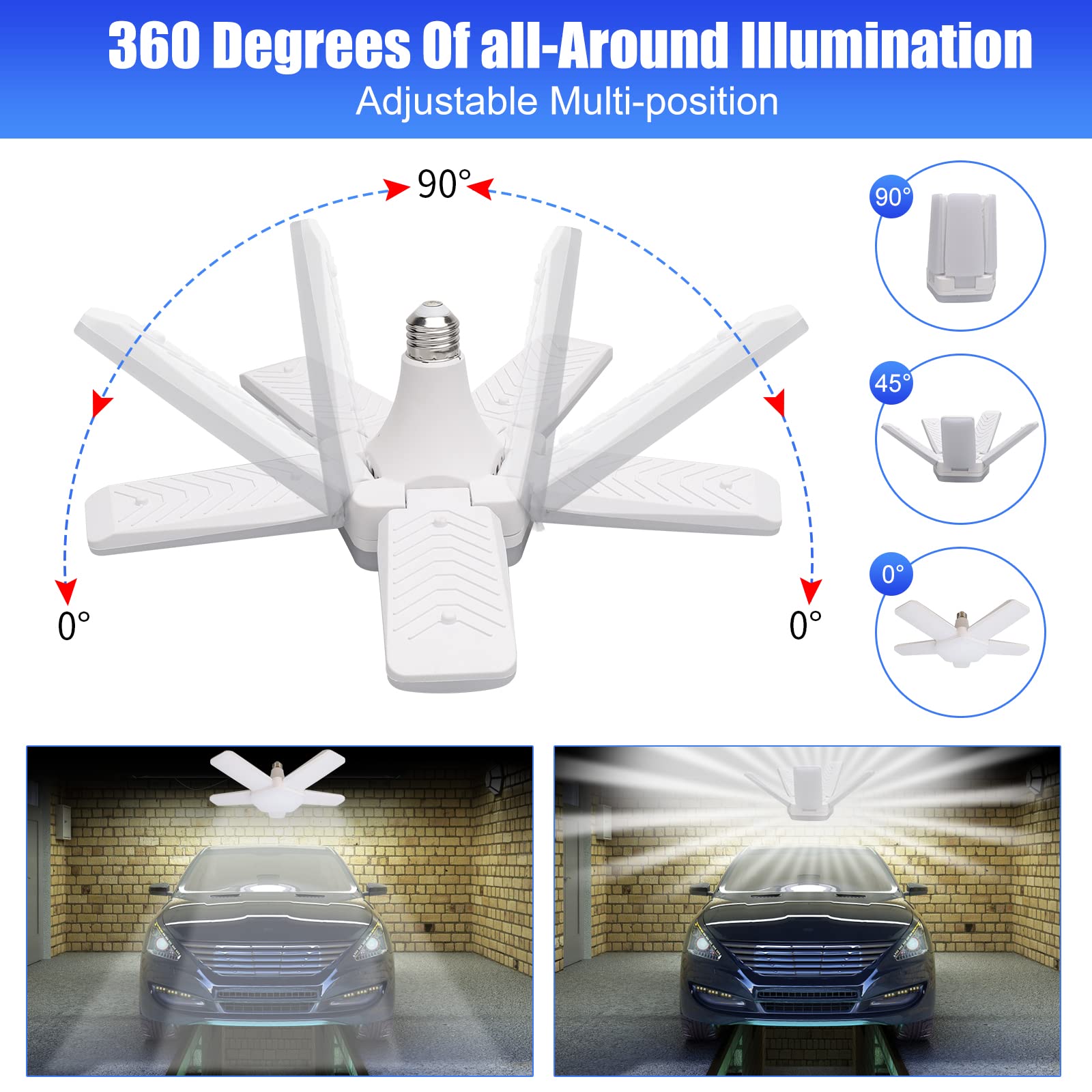 Coomoors Led Garage Lights 2 Pack, 100W LED Shop Light, 10000LM 6500K E26/E27 Garage Ceiling Light with 5 Adjustable Panels for Garage Workshop Basement Workbench Barn Warehouse