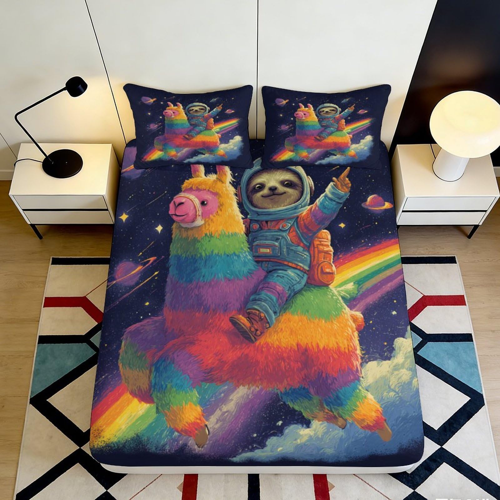3D Printed Rainbow Llama Fitted Sheet Microfiber Sloth Astronaut Bed Cover for Bedroom Guest Room Dorm Decor 90x200x25cm