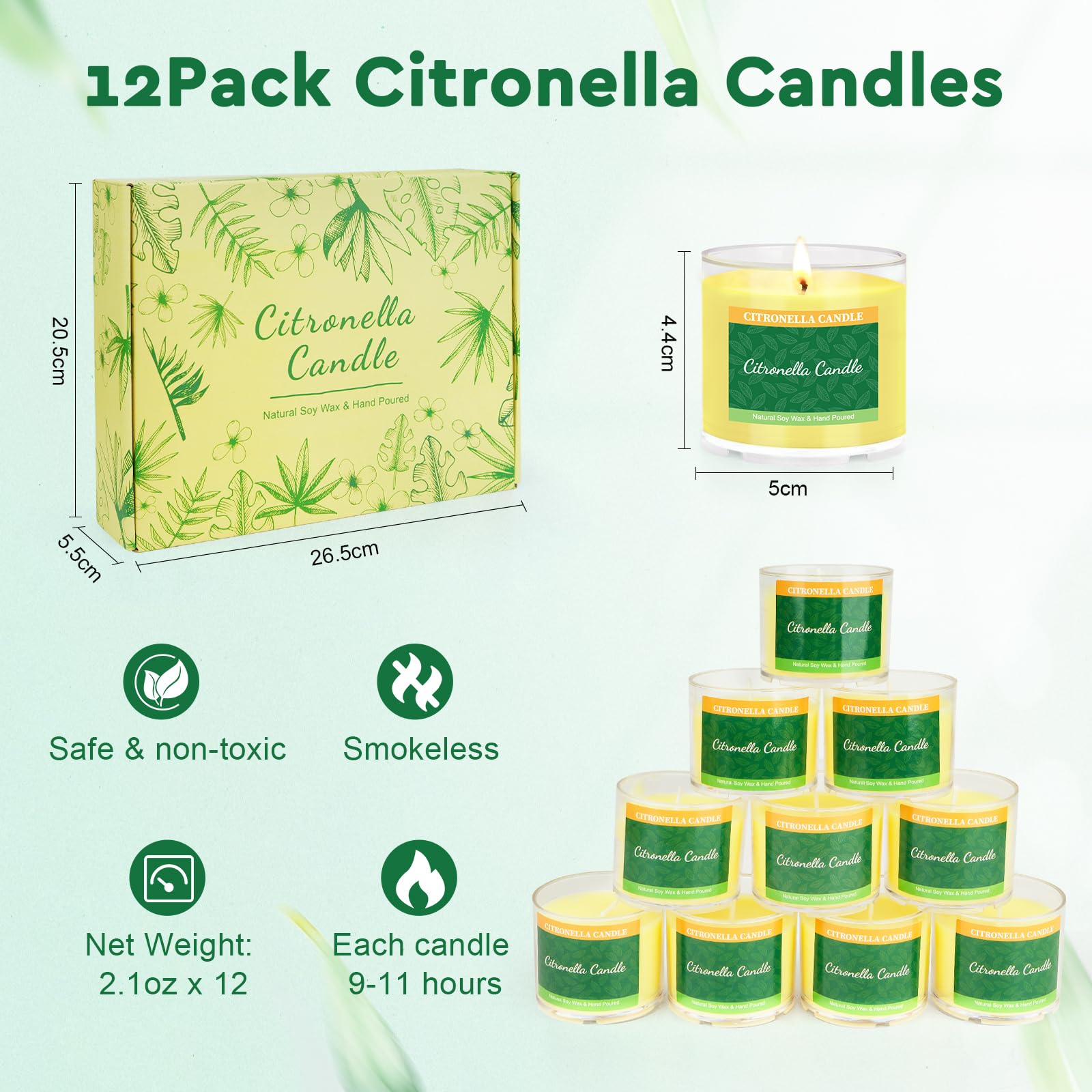 candele citronella esterno - Set di 12 candele esterno, grandi candeline per 10 ore, sostenibili, cera di soia naturale, regalo per donne, vicini, amici, colleghi