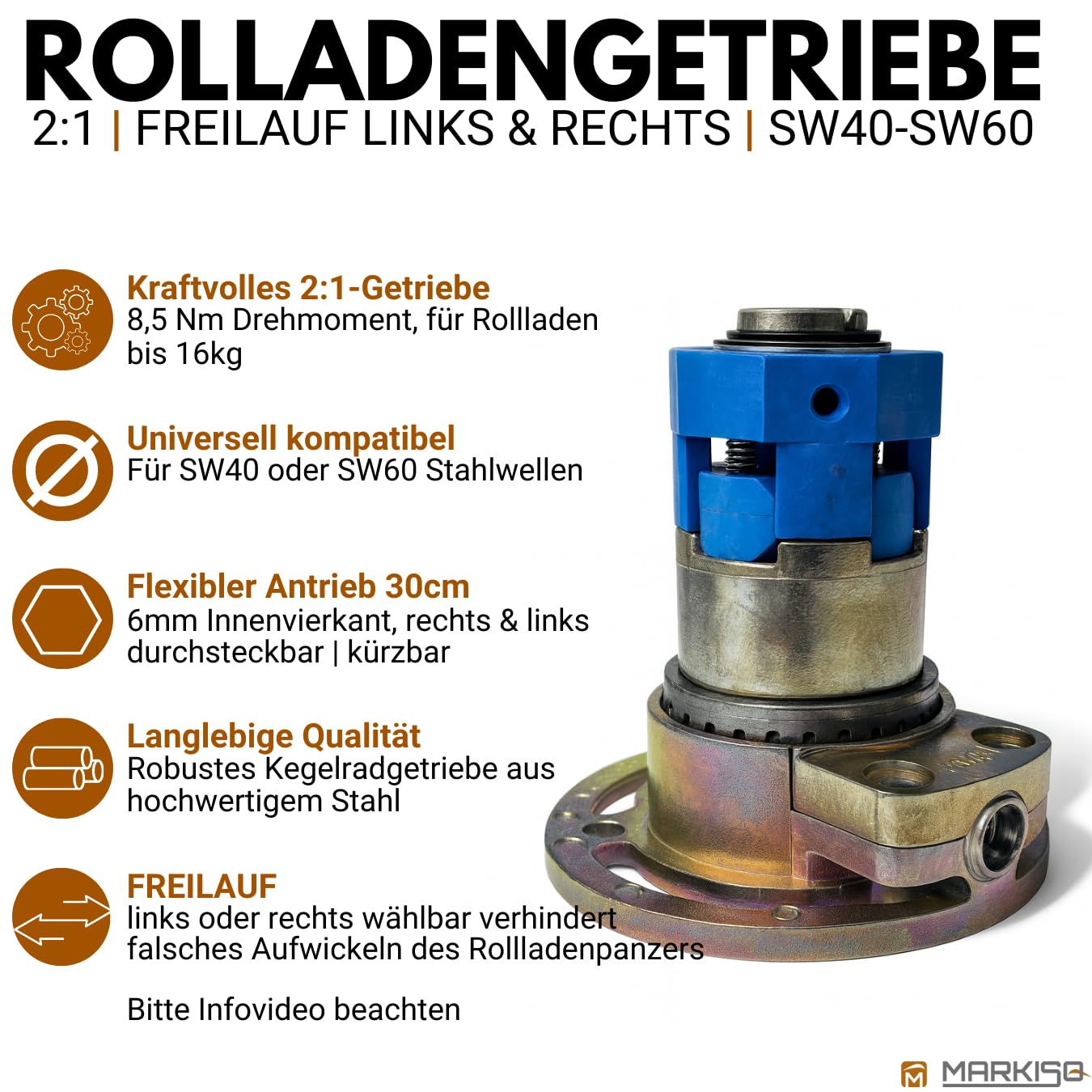 markiso Rolladengetriebe 2:1 - Freilauf rechts, Kegelradgetriebe mit 6 mm Innenvierkant - Kurbelgetriebe für Rolladen passend für SW40 Rollladenwelle