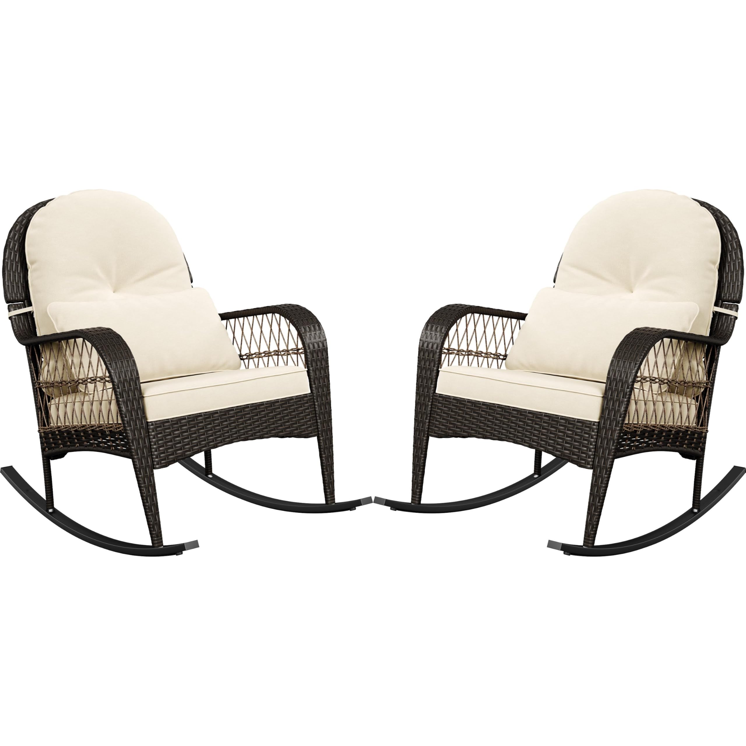 Yaheetech 2PCS Outdoor Rocking Chair, Garden Rattan Wicker Rocking Chair with Lumbar Pillow & Cushion, All-Weather Hand-Woven Relaxing Rocker for Patio, Poolside, Porch, Balcony, Brown/Beige