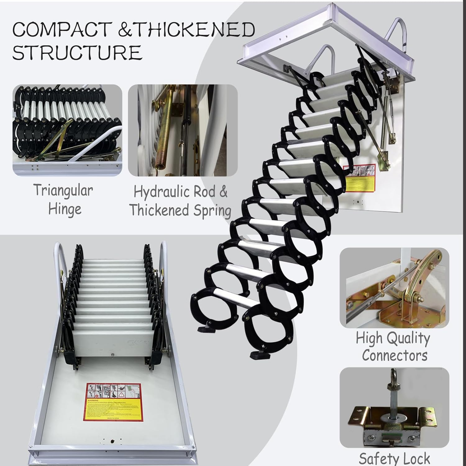 INTSUPERMAI Attic Ceiling Pull Down Ladder Retractable Attic Folding Extension Ladder Loft Stairs with Scissor Structure 13 Steps Max 10.5ft Height 27.56×39.37inch Black