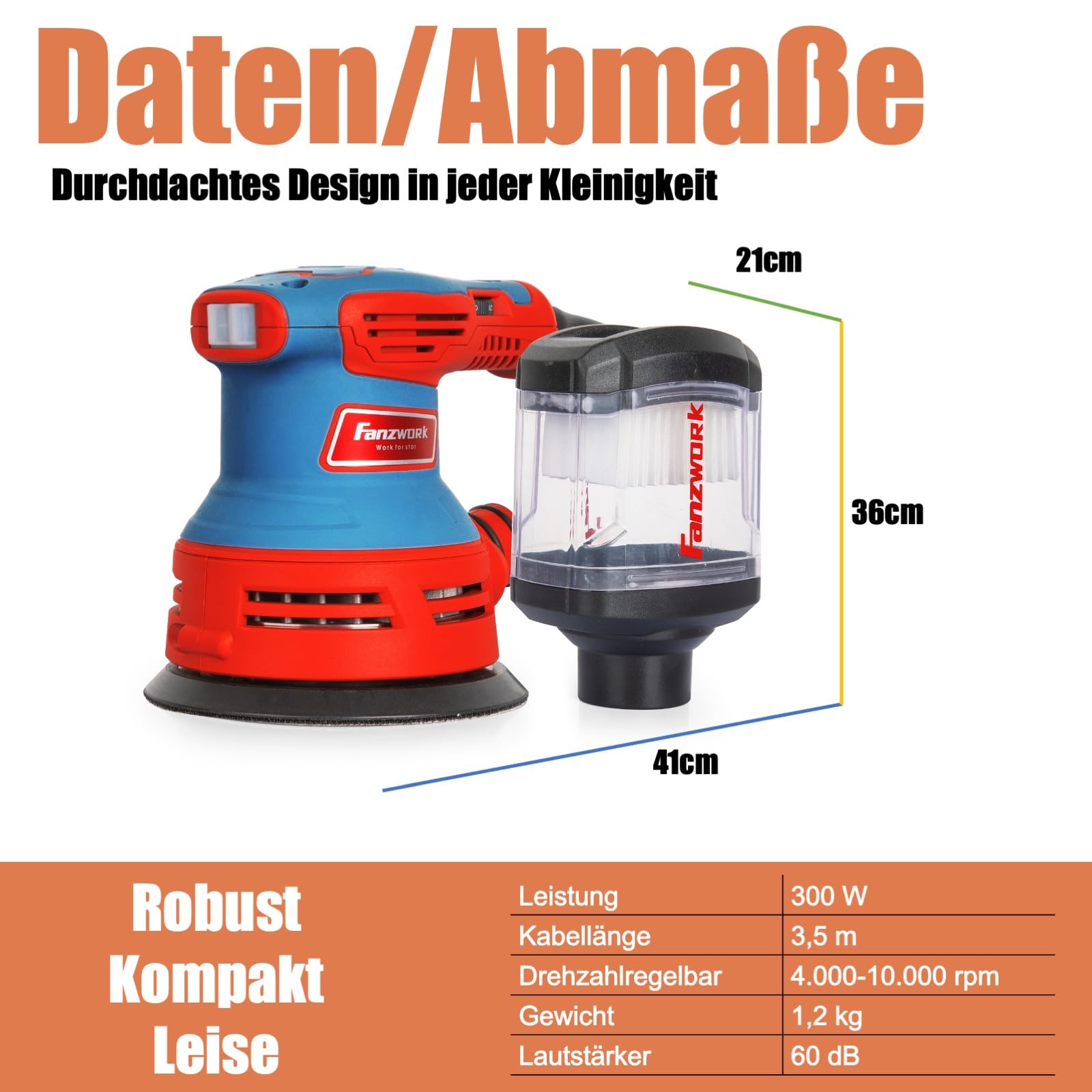 FANZWORK Szlifierka mimośrodowa 300 W 125 mm 6 prędkości 4000-12000/min z 8 papierami ściernymi