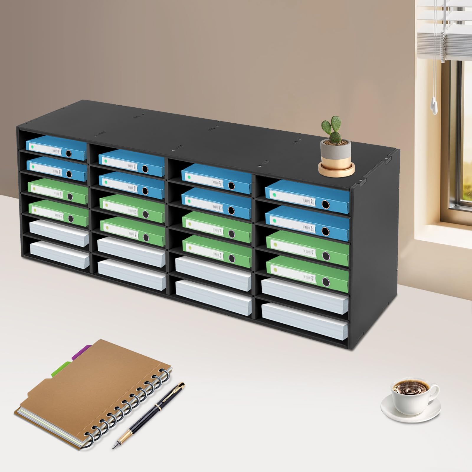 24 Fächer A4 Literaturorganizer Desktop Dokumentenablage Schwarz PVC Literatur Organizer Dokumentenhalter Briefablage Schreibtisch Ablagefach für Hause, Bibliothek, Büro, Klassen 100 x 30 x 42cm