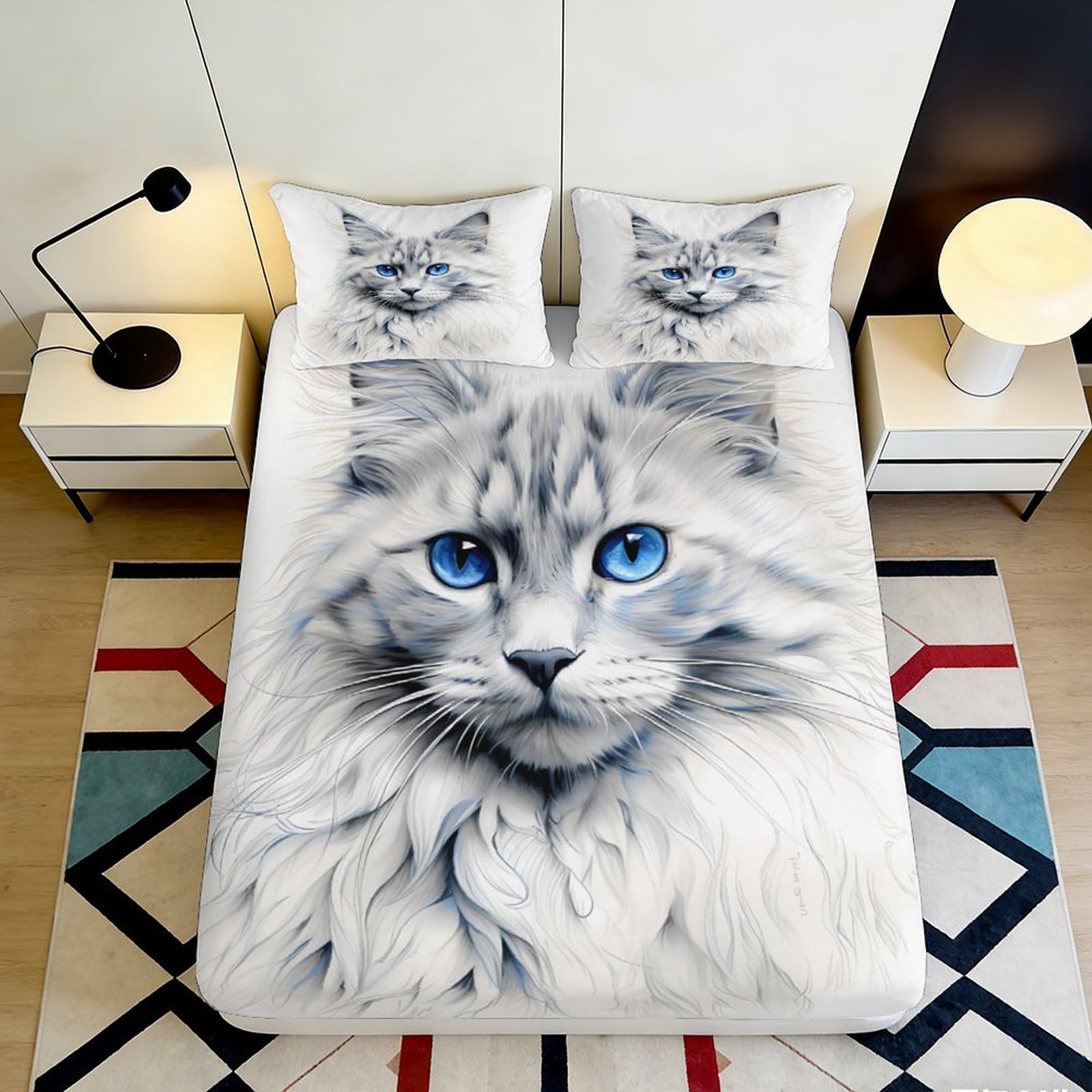 3D Printed Blue Eyed Cat Fitted Sheet Microfiber Bedroom Decor Bed Cover Anti-Slip Machine Washable for Home Guest Room 90x200x25cm